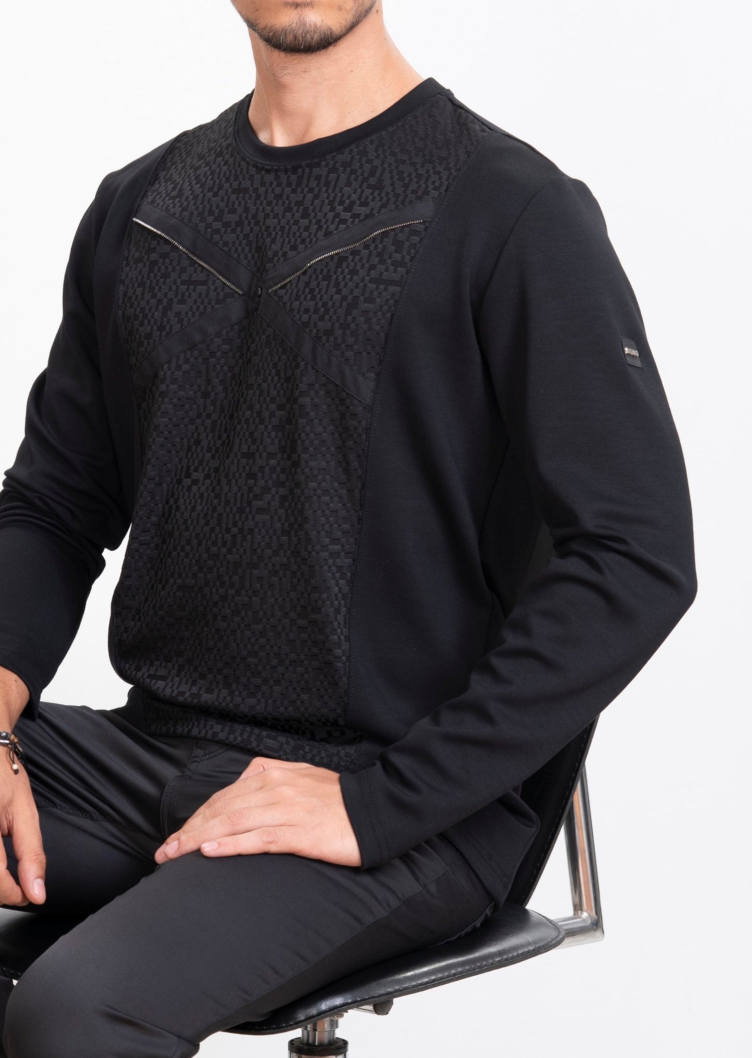 Jakarlı Piksel Desen Siyah Sweatshirt 