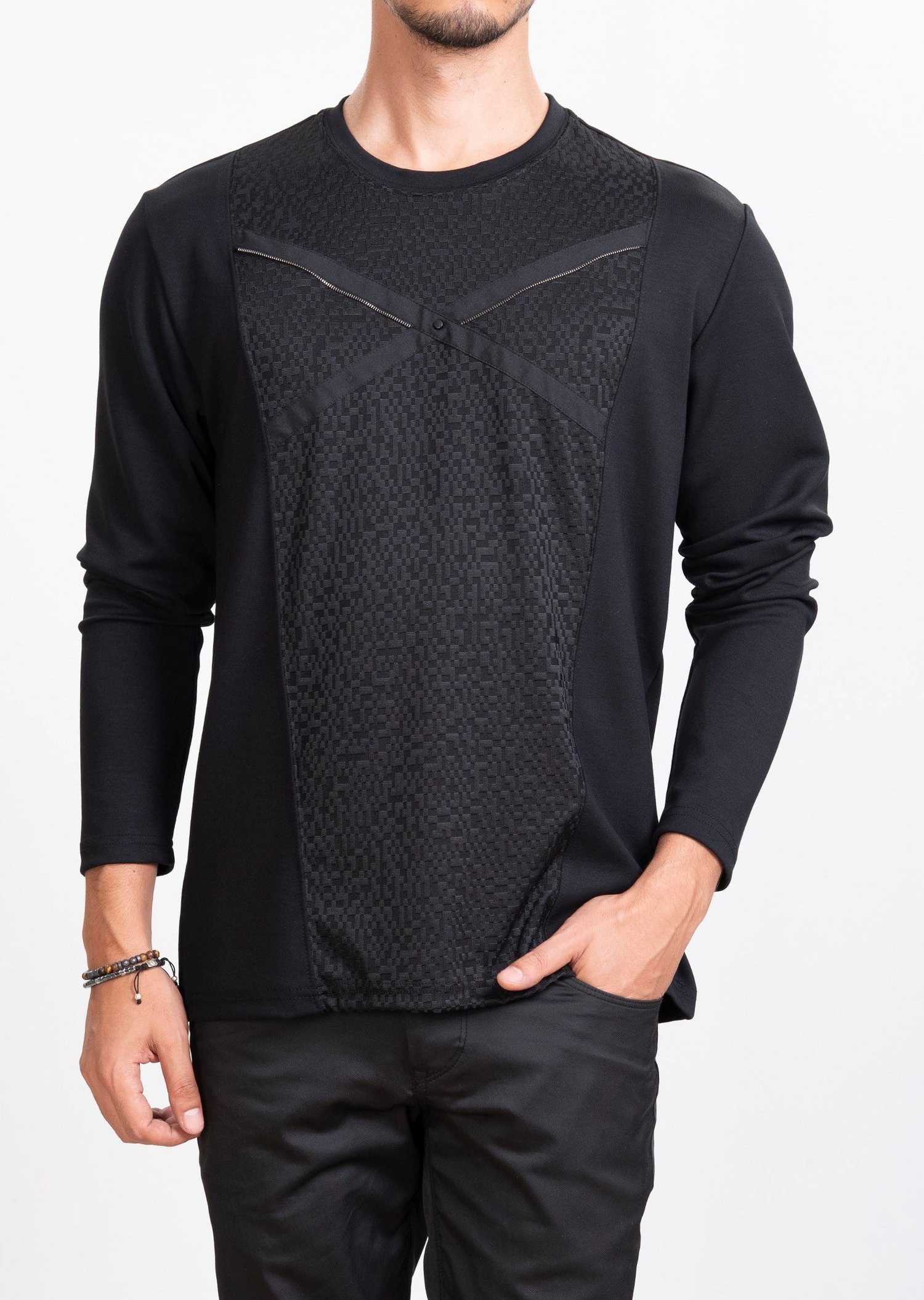 Jakarlı Piksel Desen Siyah Sweatshirt 