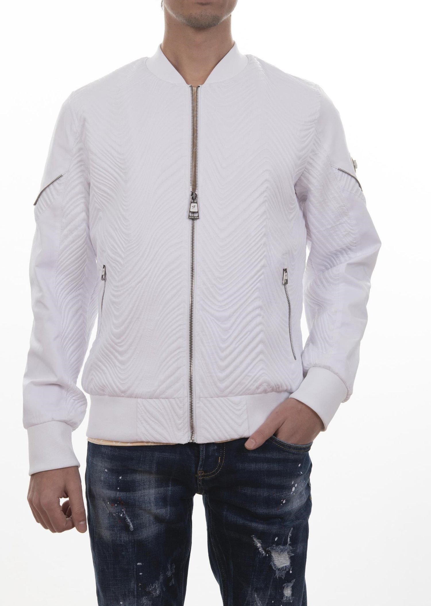 Kabartma Desenli Beyaz Bomber Mont