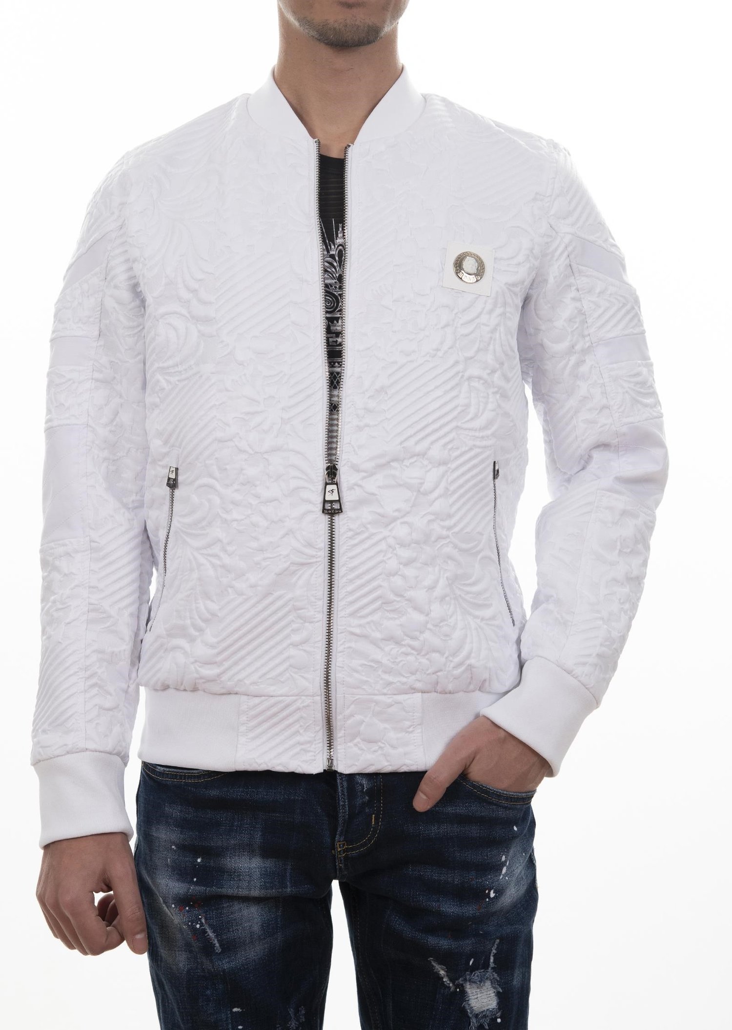 Kabartma Desenli Beyaz Bomber Mont