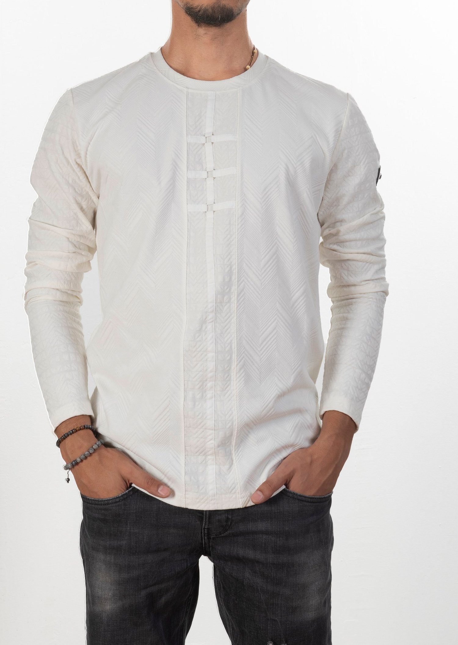 Kabartma Desenli Ekru Sweatshirt