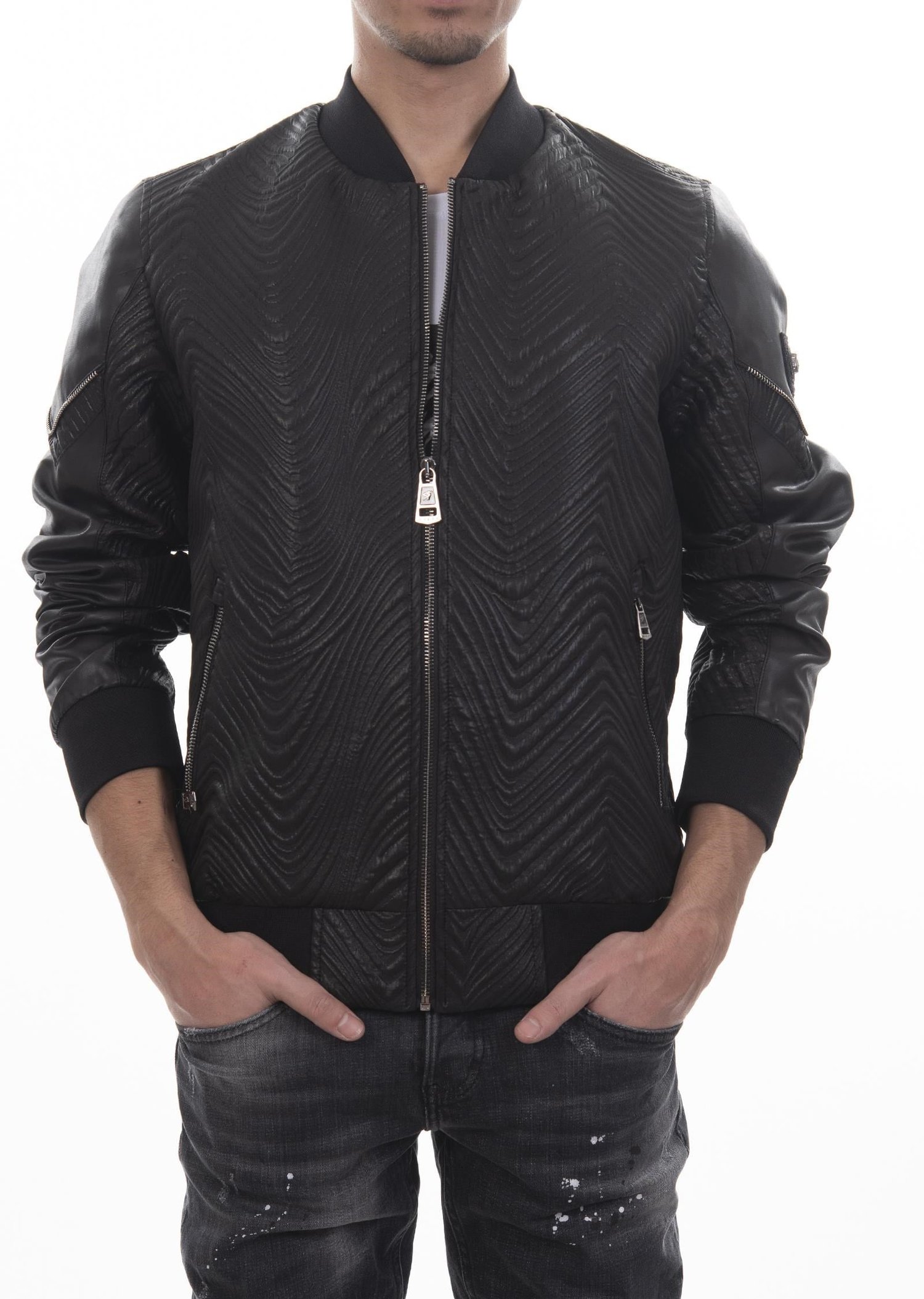 Kabartma Desenli Siyah Bomber Mont