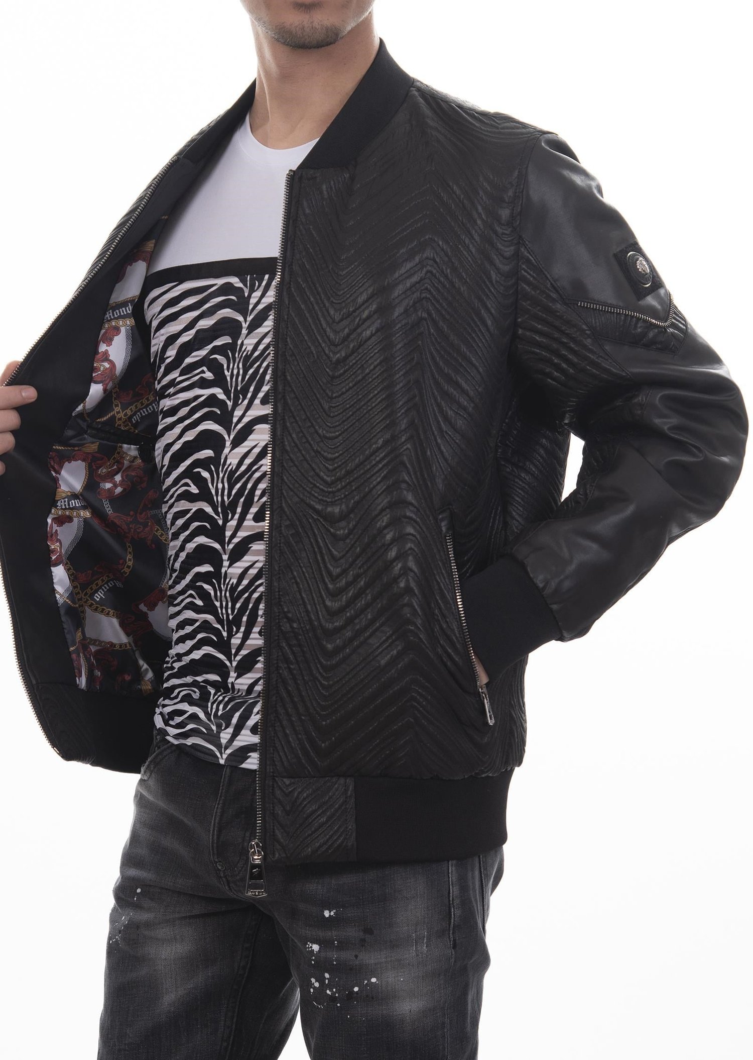 Kabartma Desenli Siyah Bomber Mont