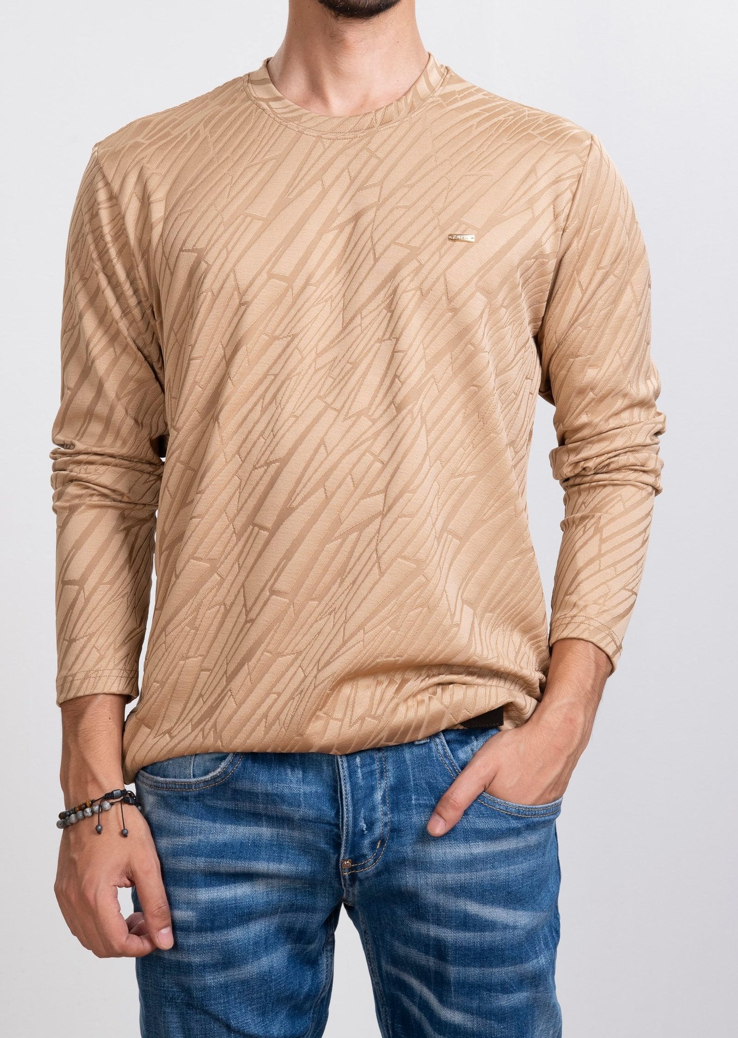 Kabartma Dokulu Bej Sweatshirt