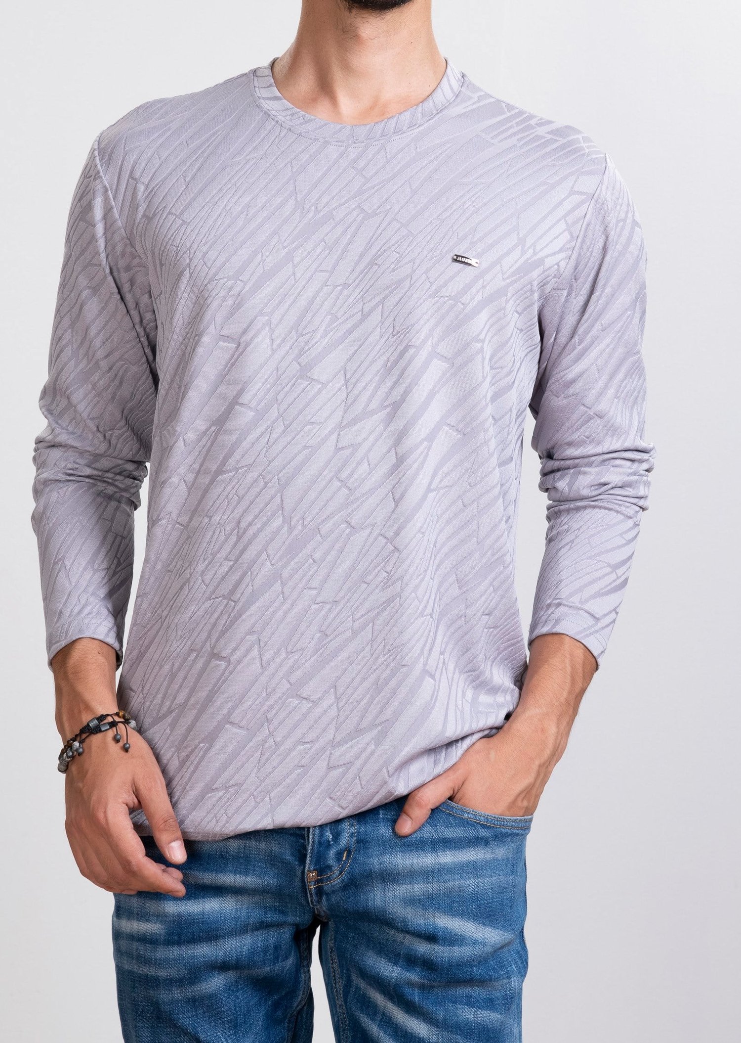 Kabartma Dokulu Gri Sweatshirt