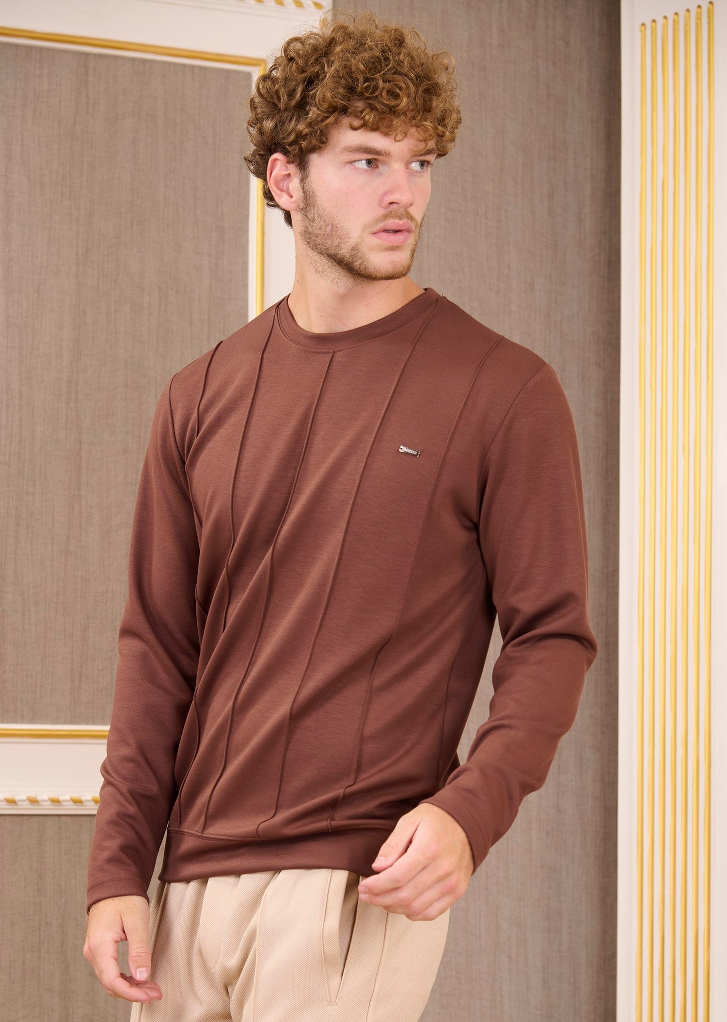 Kahve Bisiklet Yaka Bi-Stretch Nervurlu İnterlok Sweatshirt