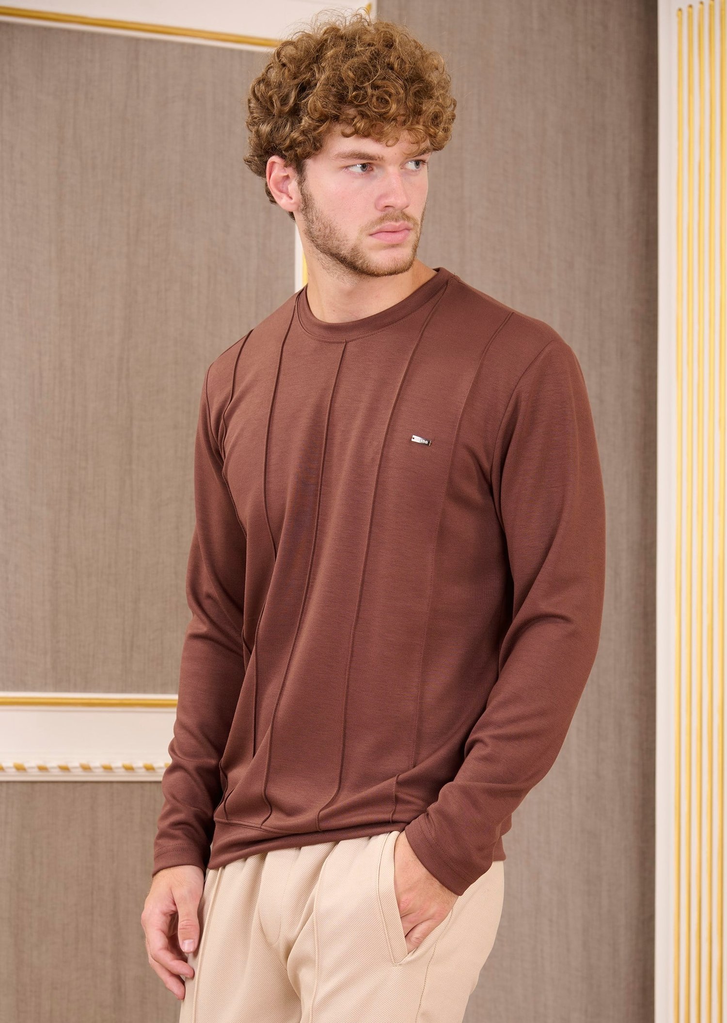 Kahve Bisiklet Yaka Bi-Stretch Nervurlu İnterlok Sweatshirt