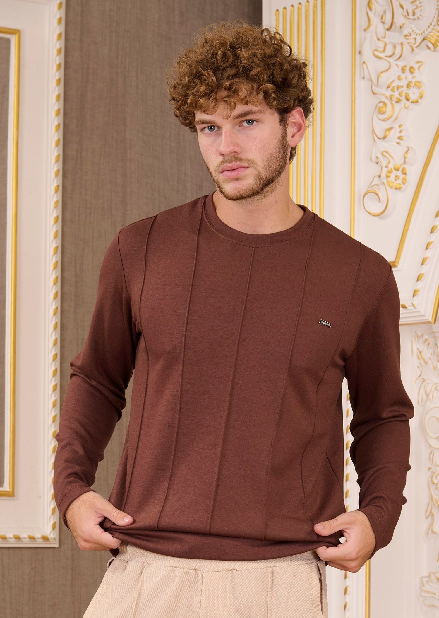 Kahve Bisiklet Yaka Bi-Stretch Nervurlu İnterlok Sweatshirt