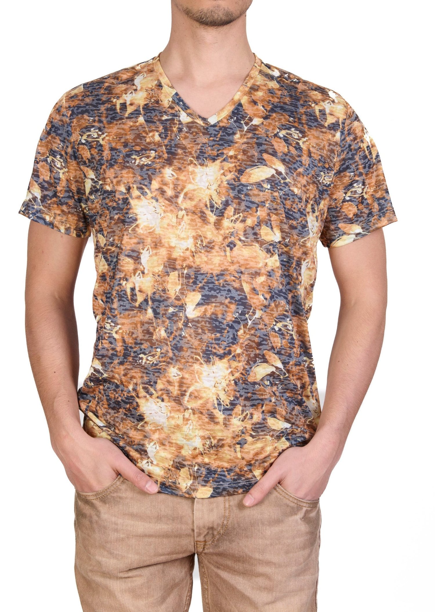 Kahve V-Yaka Devore Baskılı T-shirt