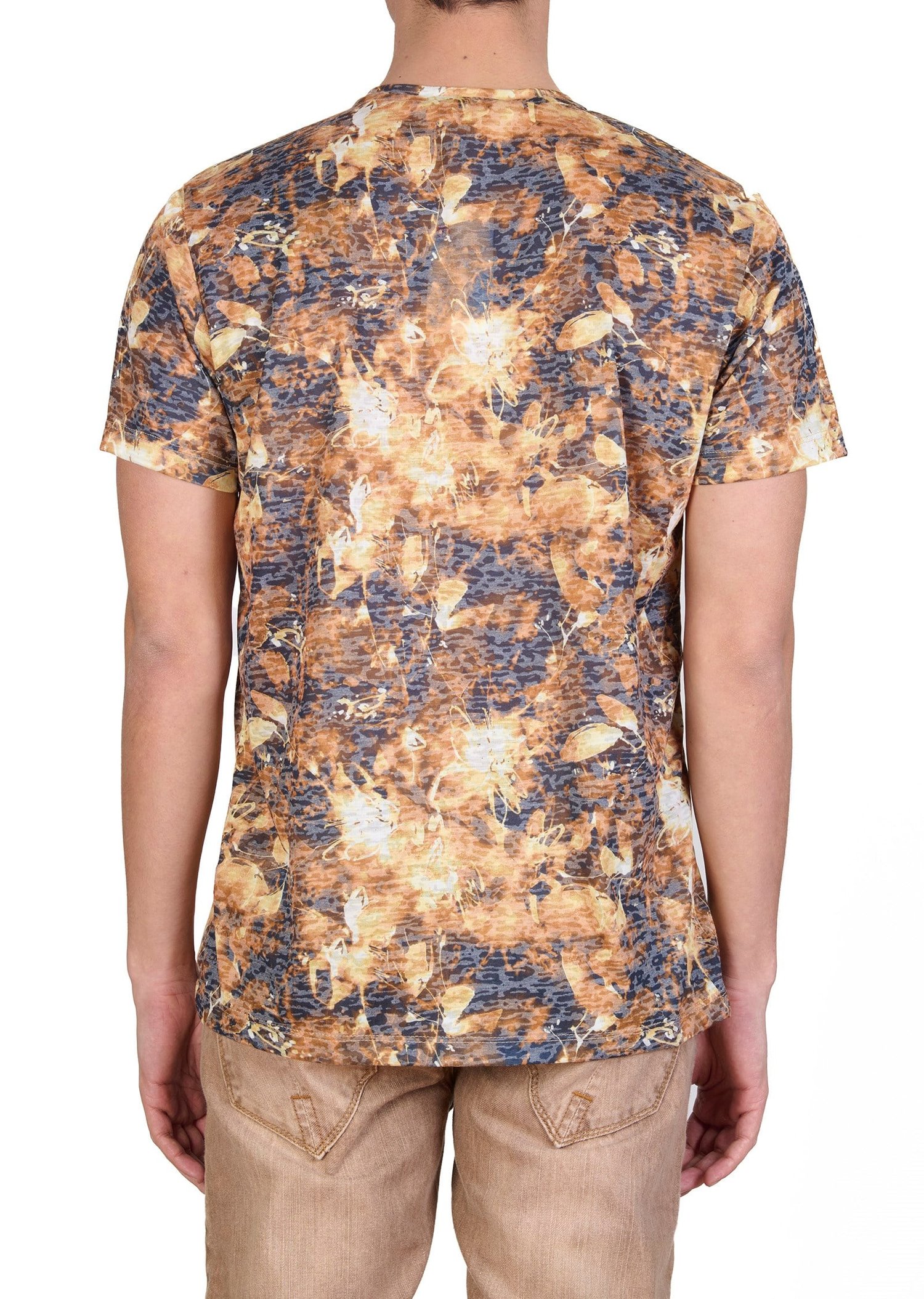 Kahve V-Yaka Devore Baskılı T-shirt