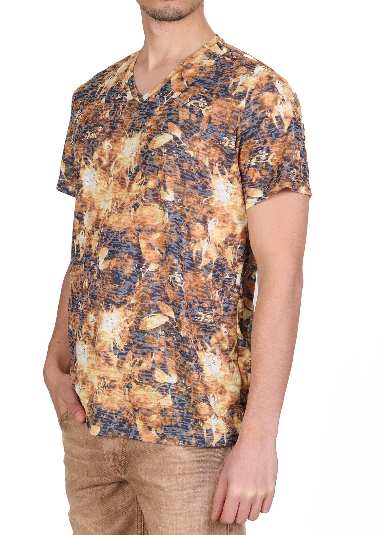 Kahve V-Yaka Devore Baskılı T-shirt