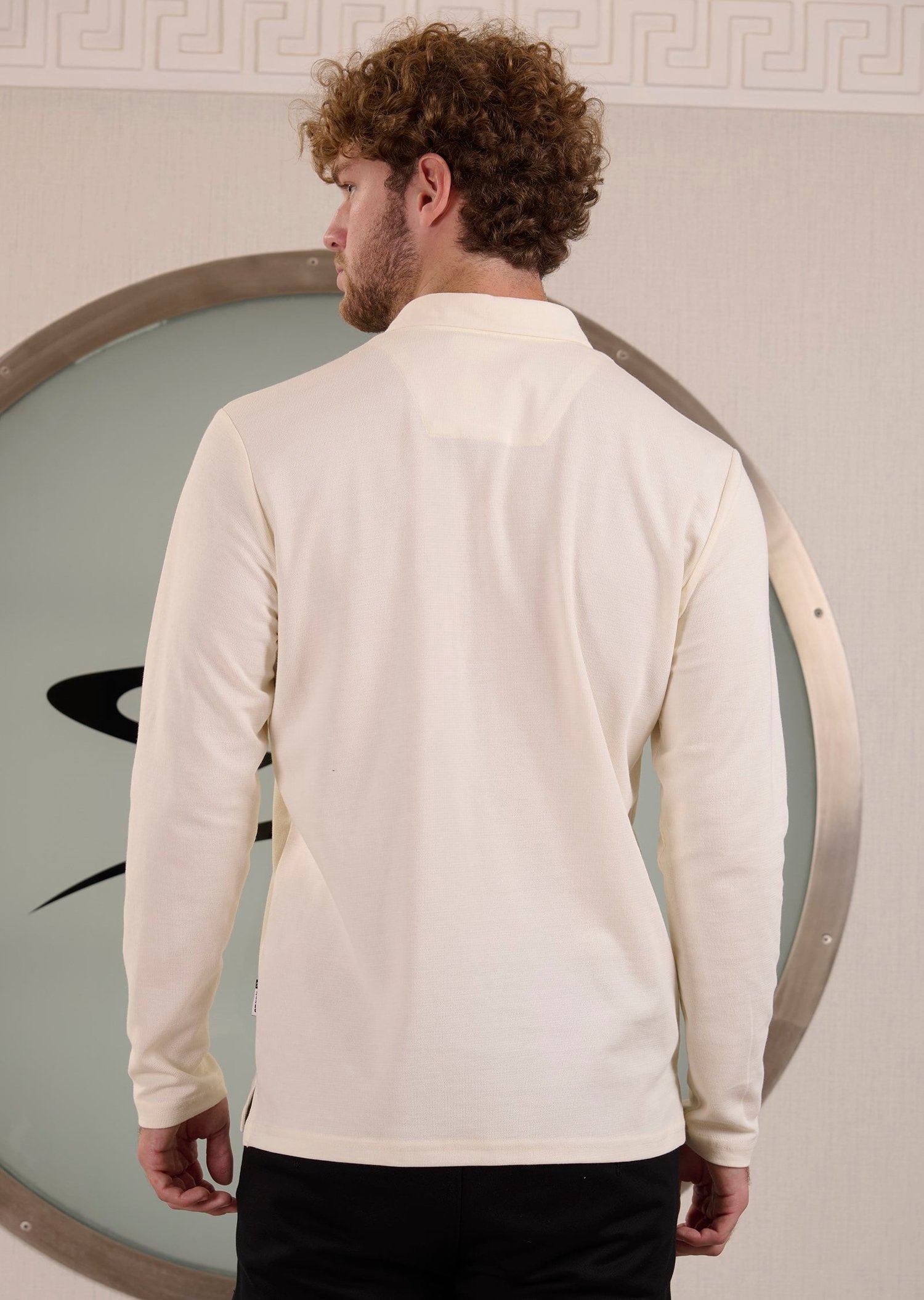 Kırık Beyaz Polo Yaka Nervürlü Örme Sweatshirt
