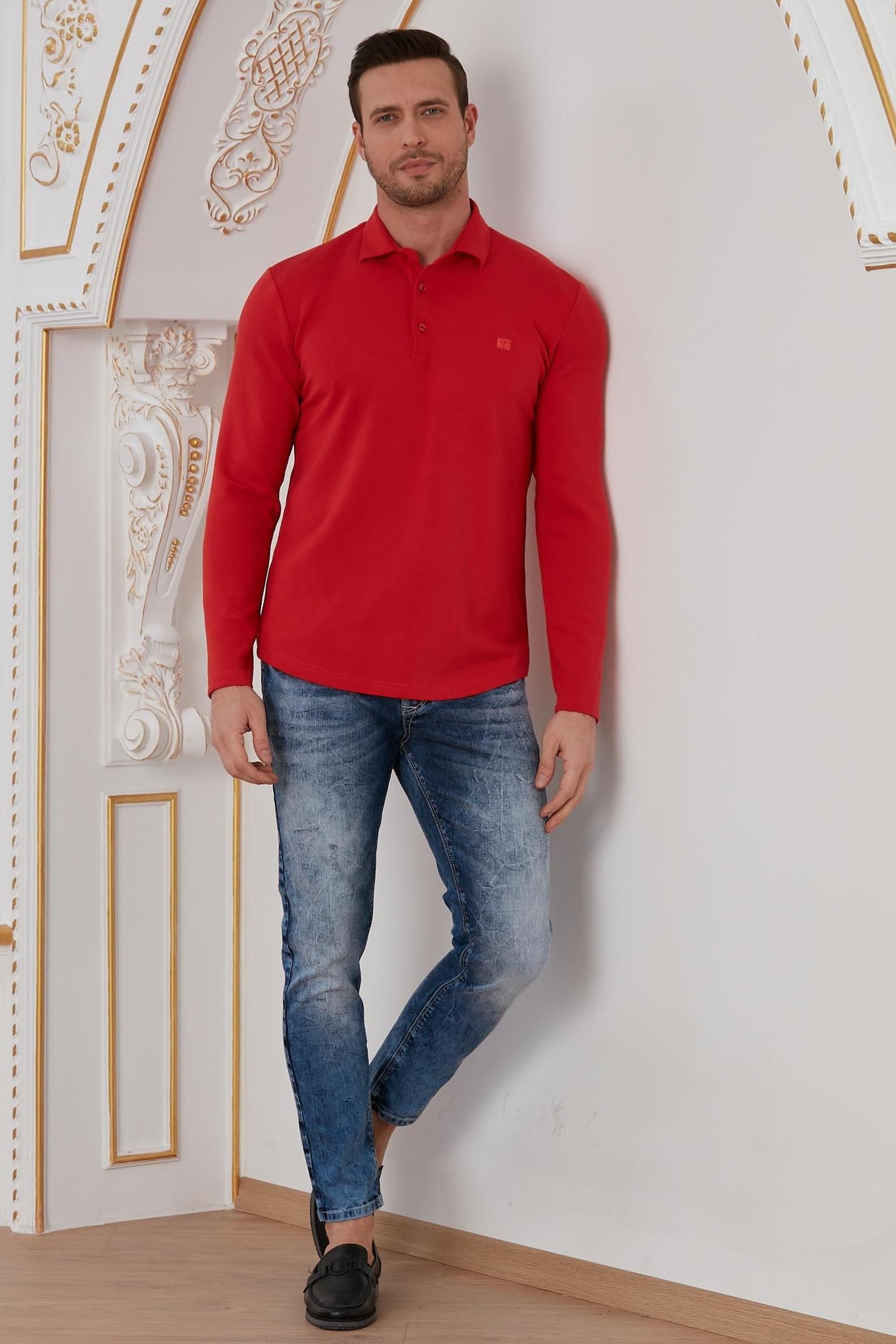 Kırmızı Basic Polo Yaka Sweatshirt