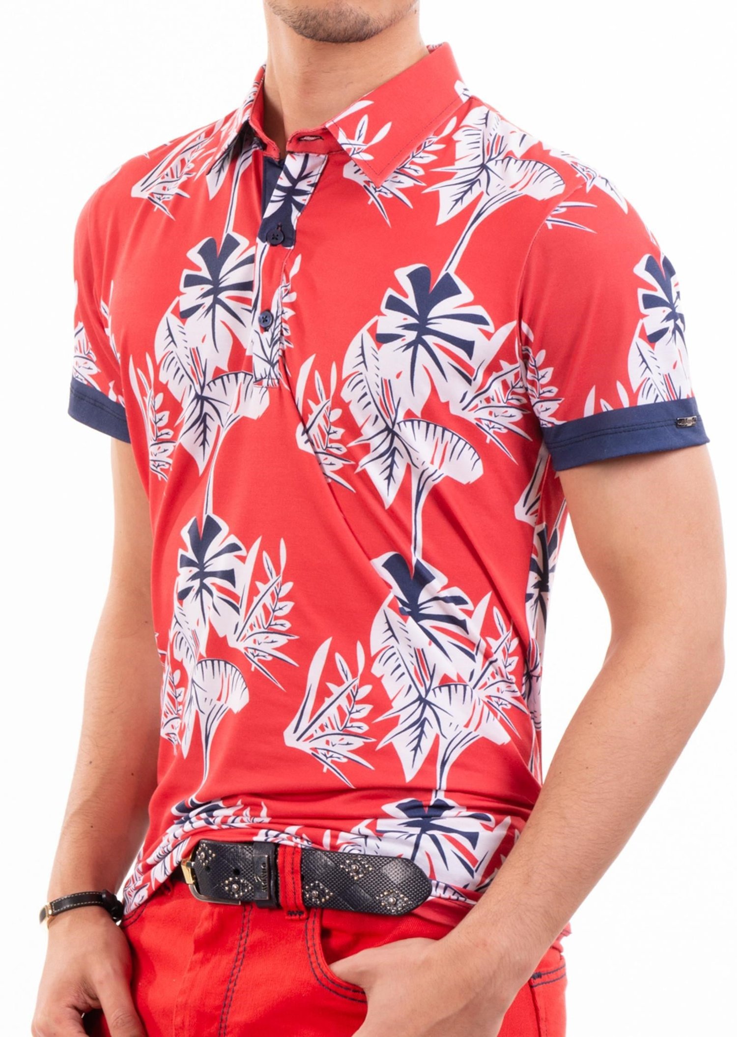 Kırmızı Çiçek Desenli Polo Yaka T-Shirt