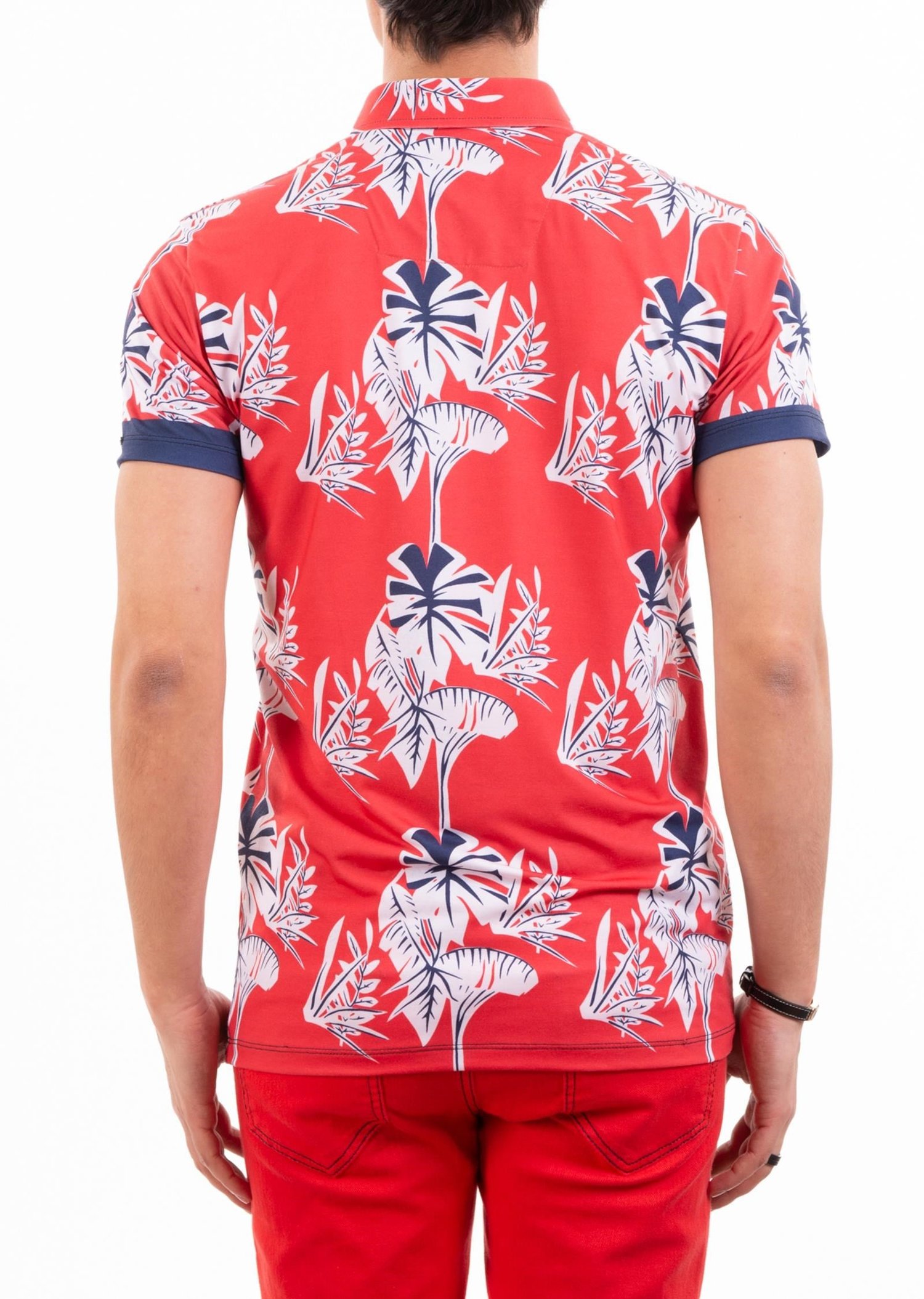Kırmızı Çiçek Desenli Polo Yaka T-Shirt
