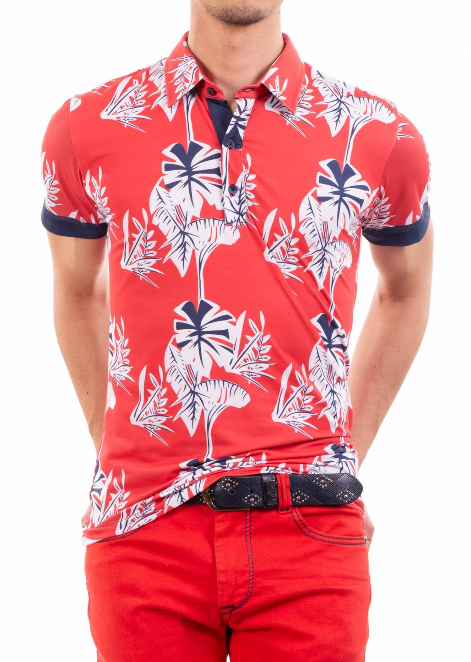 Kırmızı Çiçek Desenli Polo Yaka T-Shirt