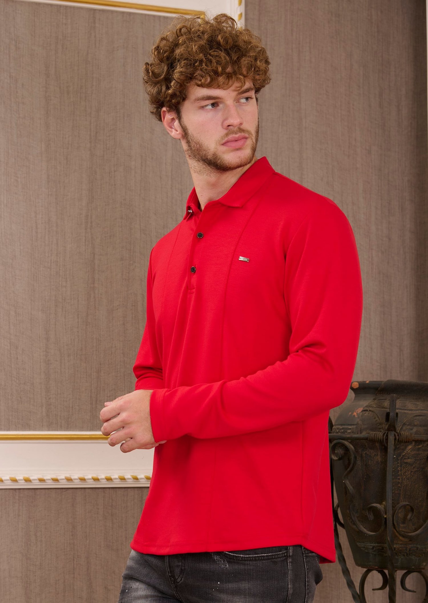 Kırmızı Polo Yaka Bi-Stretch Nervürlü İnterlok Sweatshirt