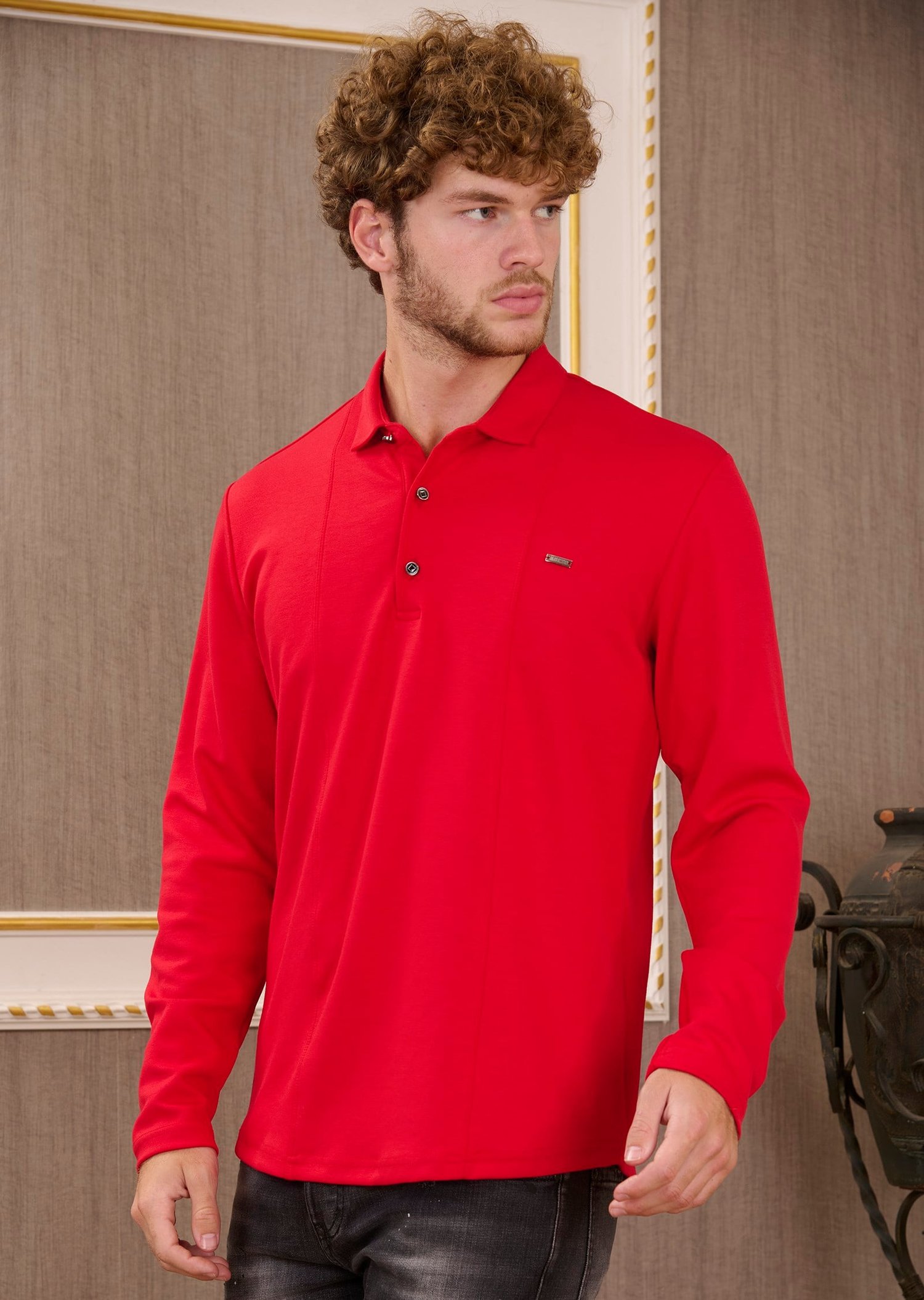 Kırmızı Polo Yaka Bi-Stretch Nervürlü İnterlok Sweatshirt