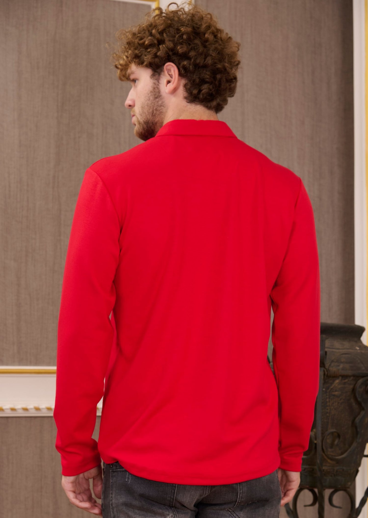 Kırmızı Polo Yaka Bi-Stretch Nervürlü İnterlok Sweatshirt