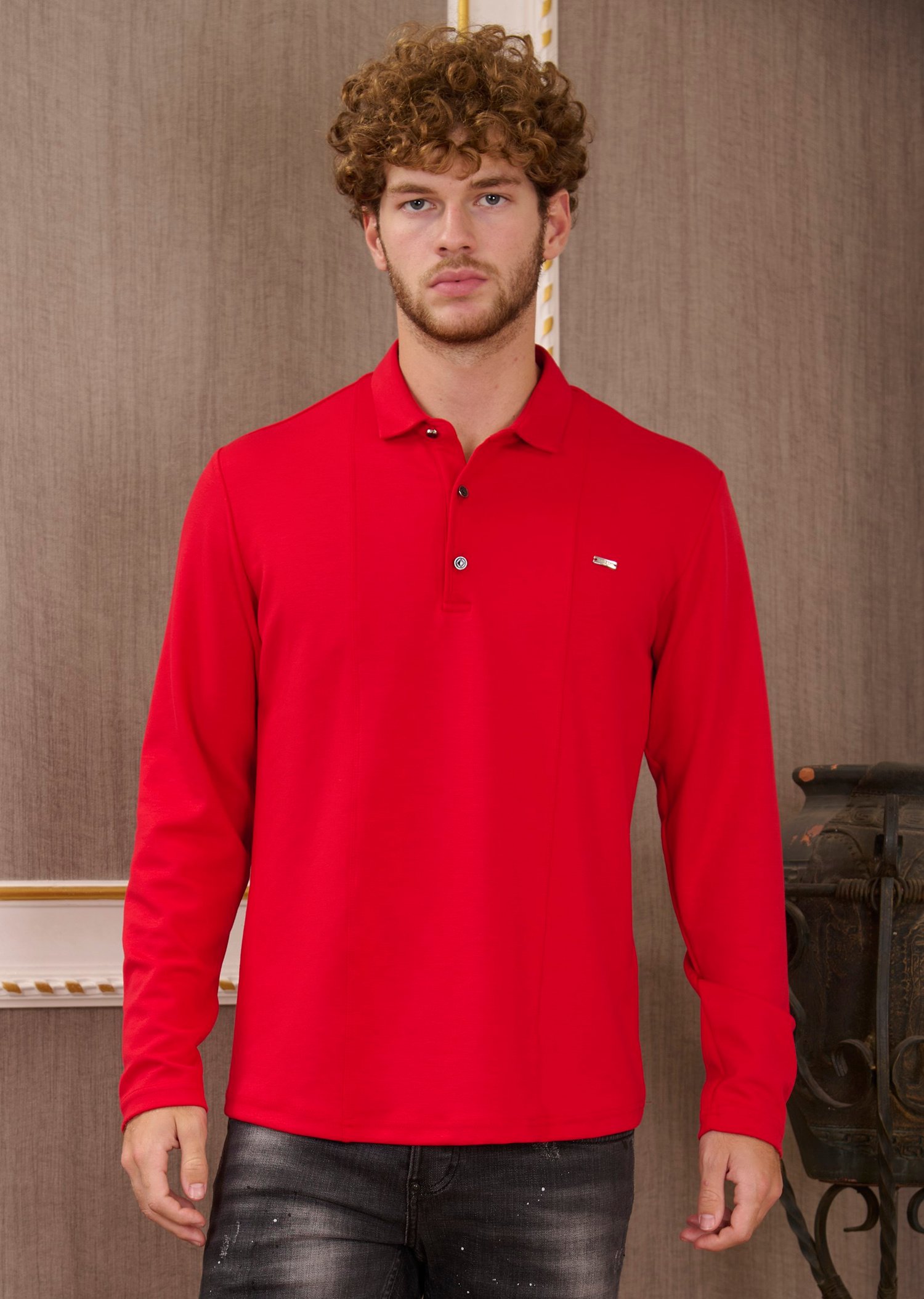 Kırmızı Polo Yaka Bi-Stretch Nervürlü İnterlok Sweatshirt