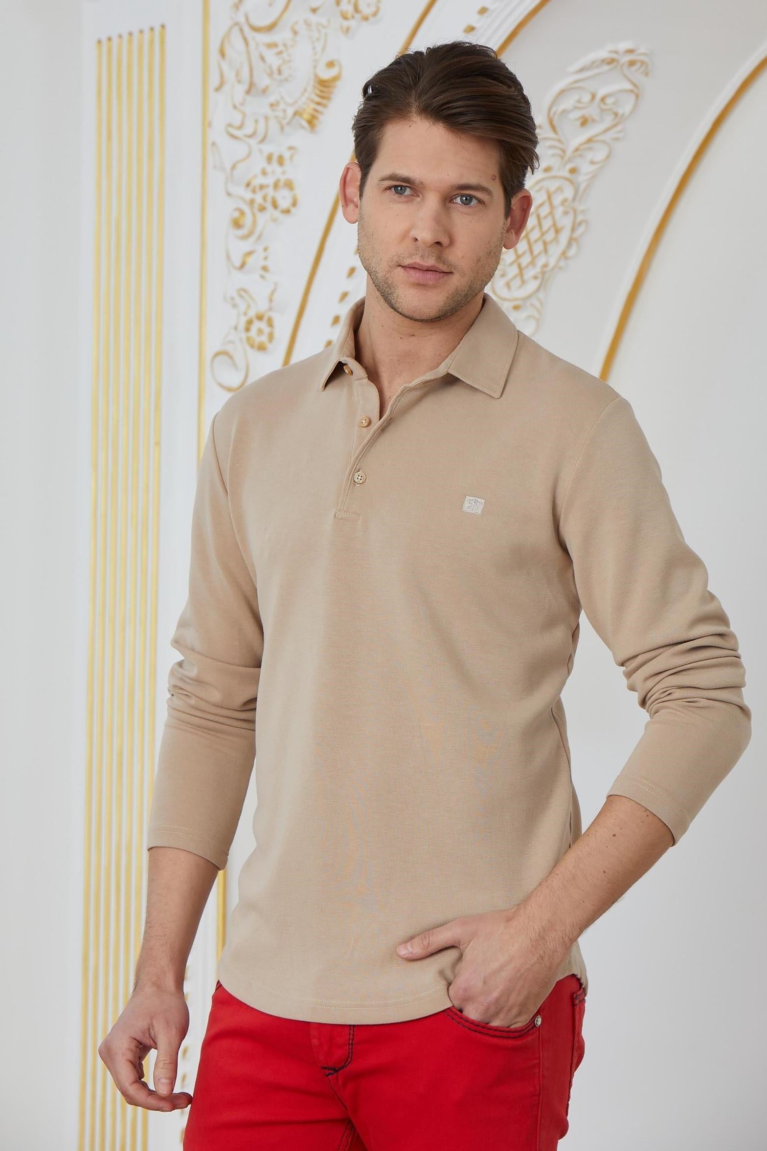 Krem Basic Polo Yaka Sweatshirt