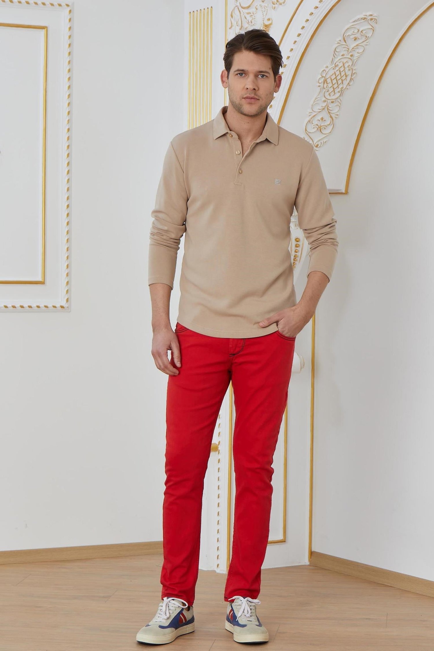 Krem Basic Polo Yaka Sweatshirt