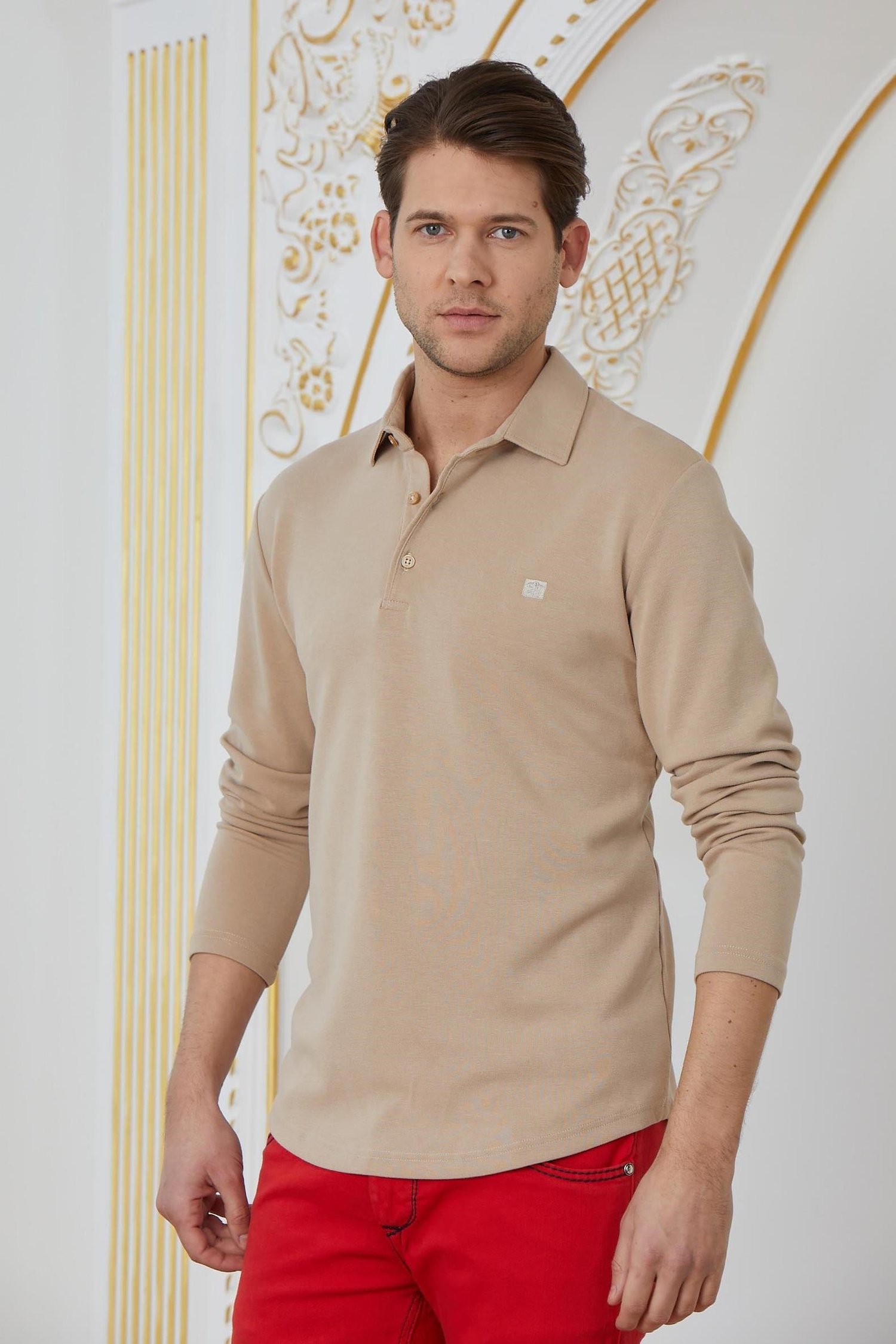 Krem Basic Polo Yaka Sweatshirt