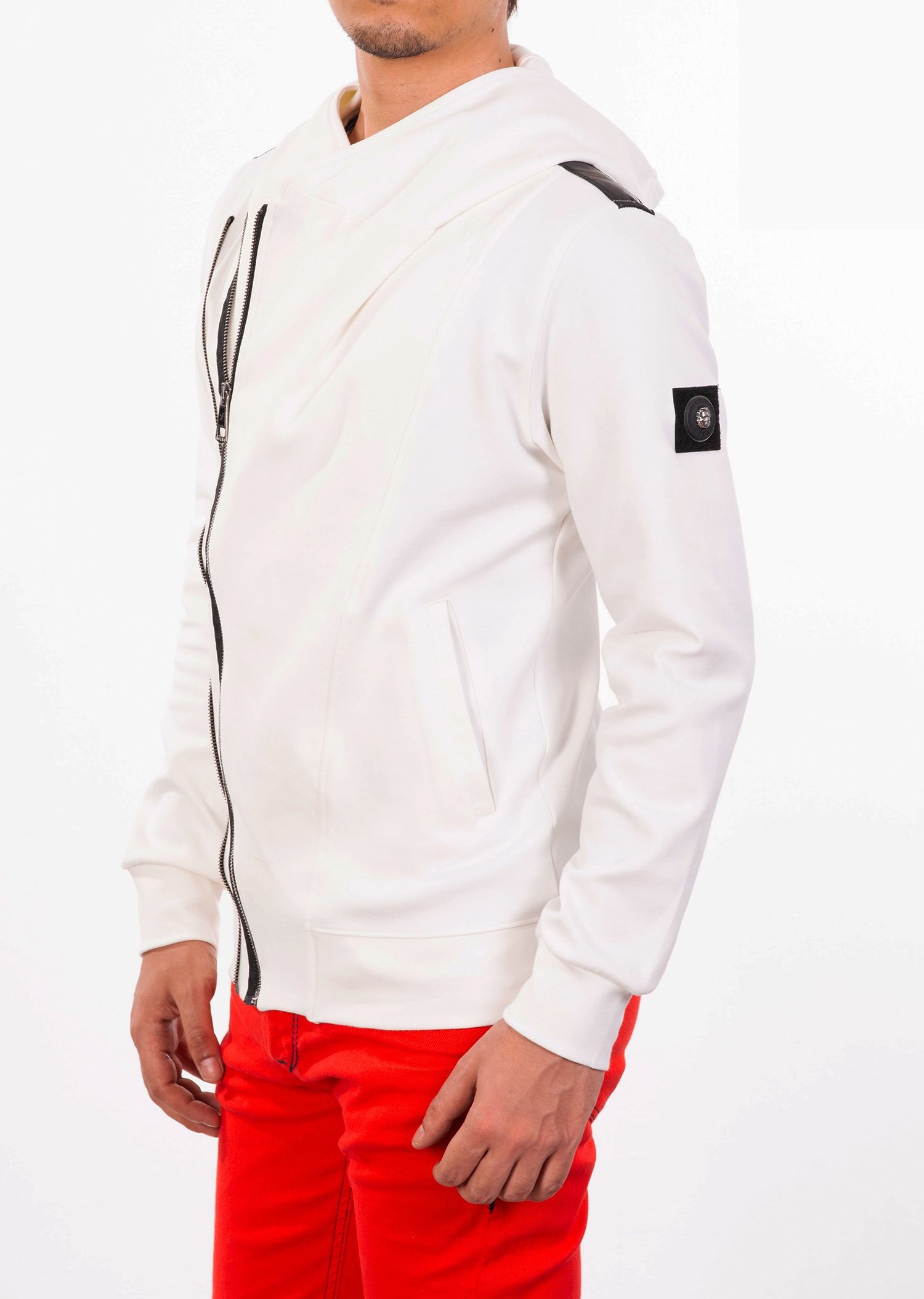Krem Kapüşonlu Çapraz Fermuarlı Hırka