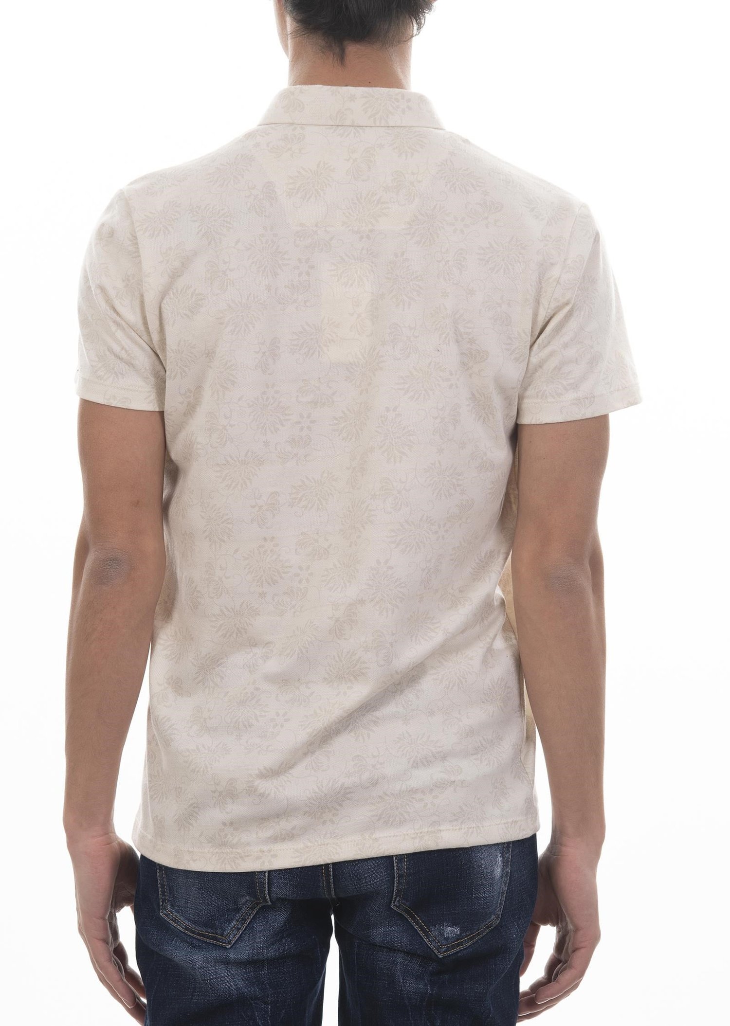Krem Rengi Çiçek Desenli Polo Yaka T-Shirt