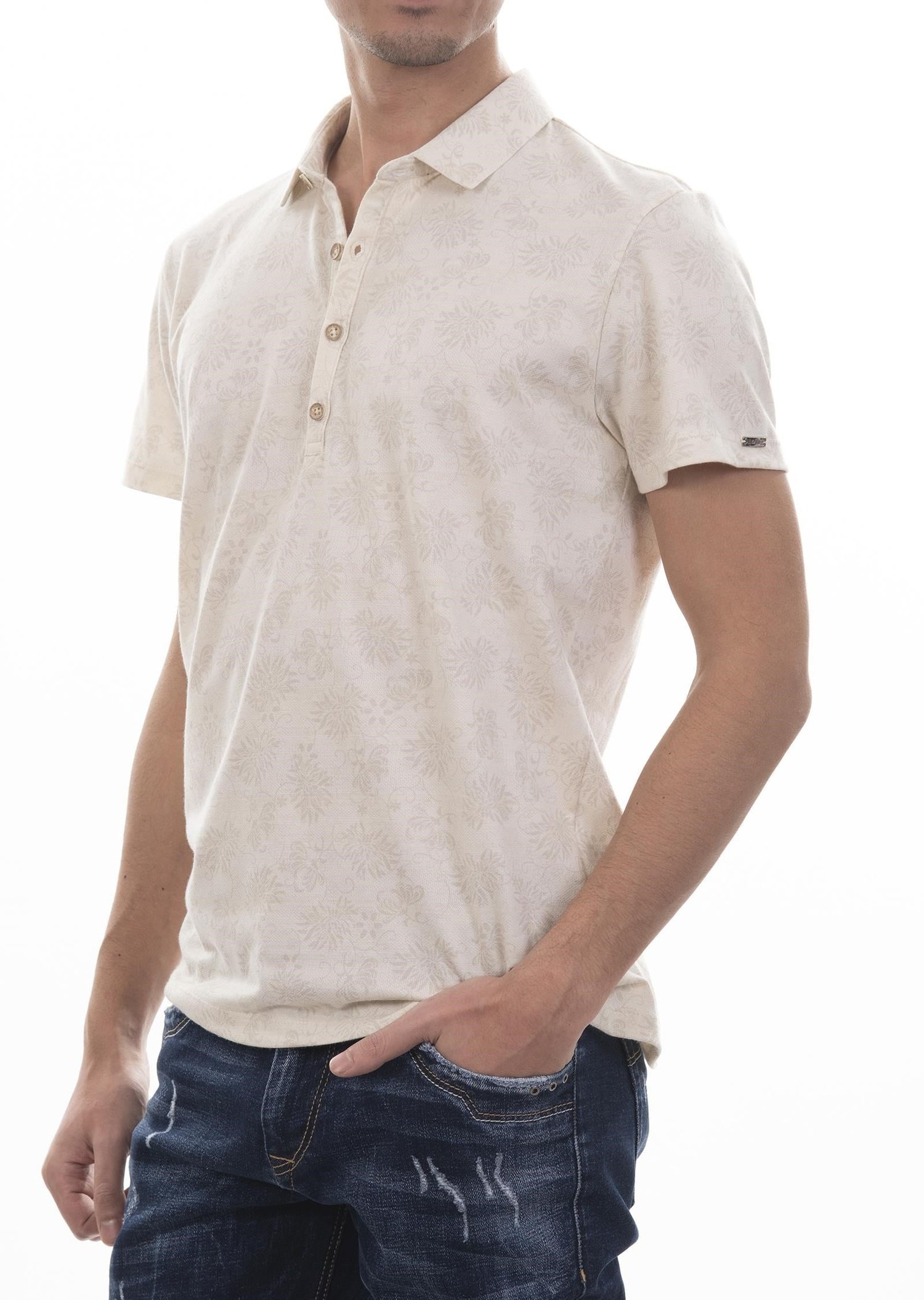 Krem Rengi Çiçek Desenli Polo Yaka T-Shirt