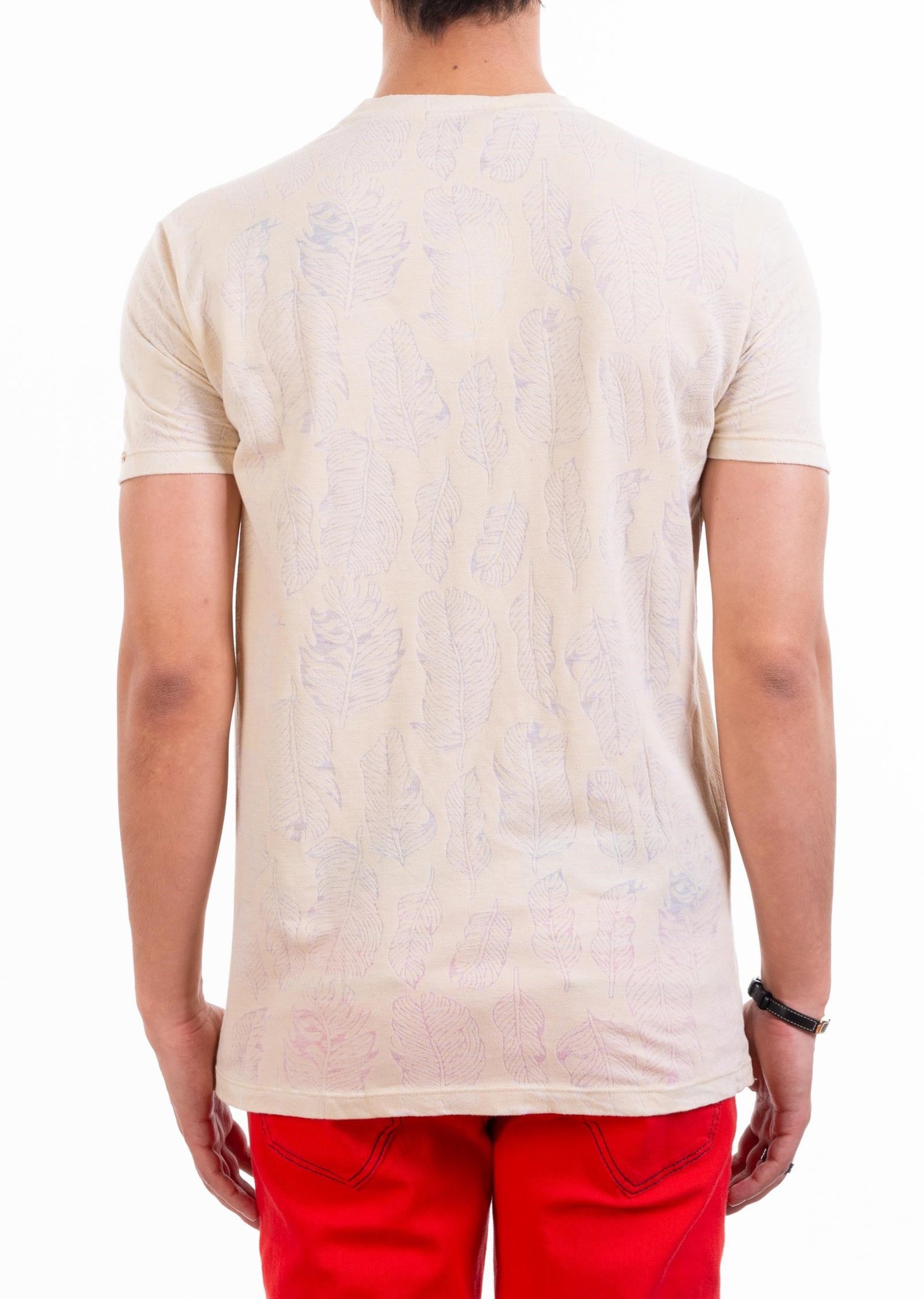 Krem Yaprak Desenli V Yaka T-Shirt