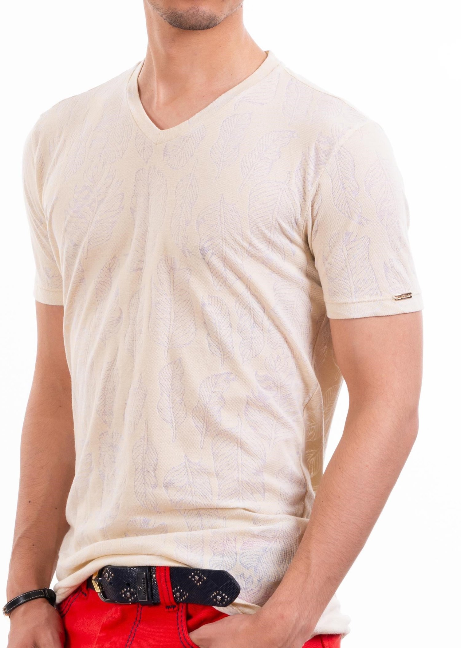 Krem Yaprak Desenli V Yaka T-Shirt