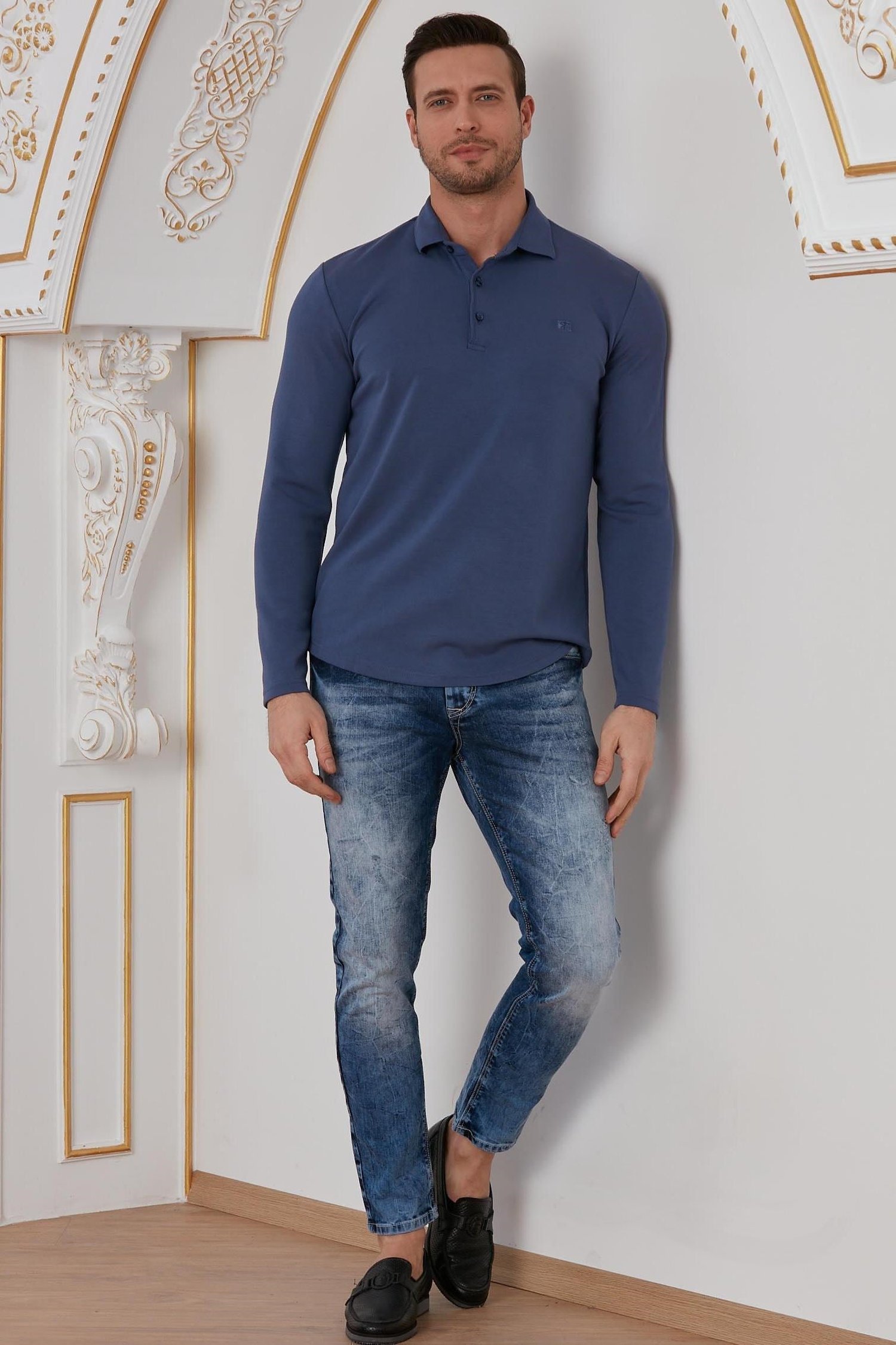 Lacivert Basic Polo Yaka Sweatshirt