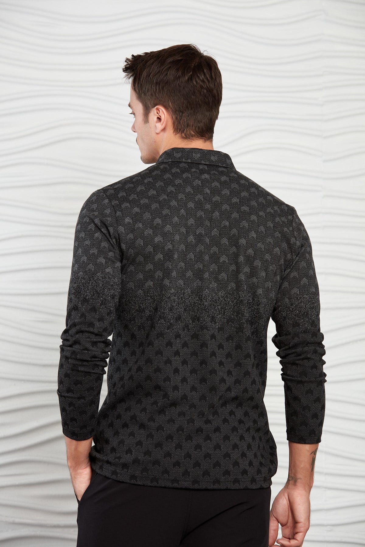 Lacivert-Bordo Renk Geçişli Çavuş Desenli Polo Yaka Sweatshirt