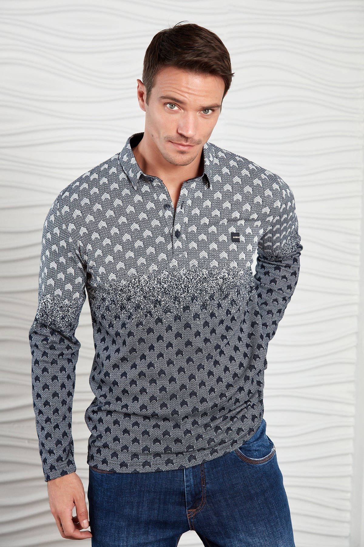 Lacivert-Bordo Renk Geçişli Çavuş Desenli Polo Yaka Sweatshirt