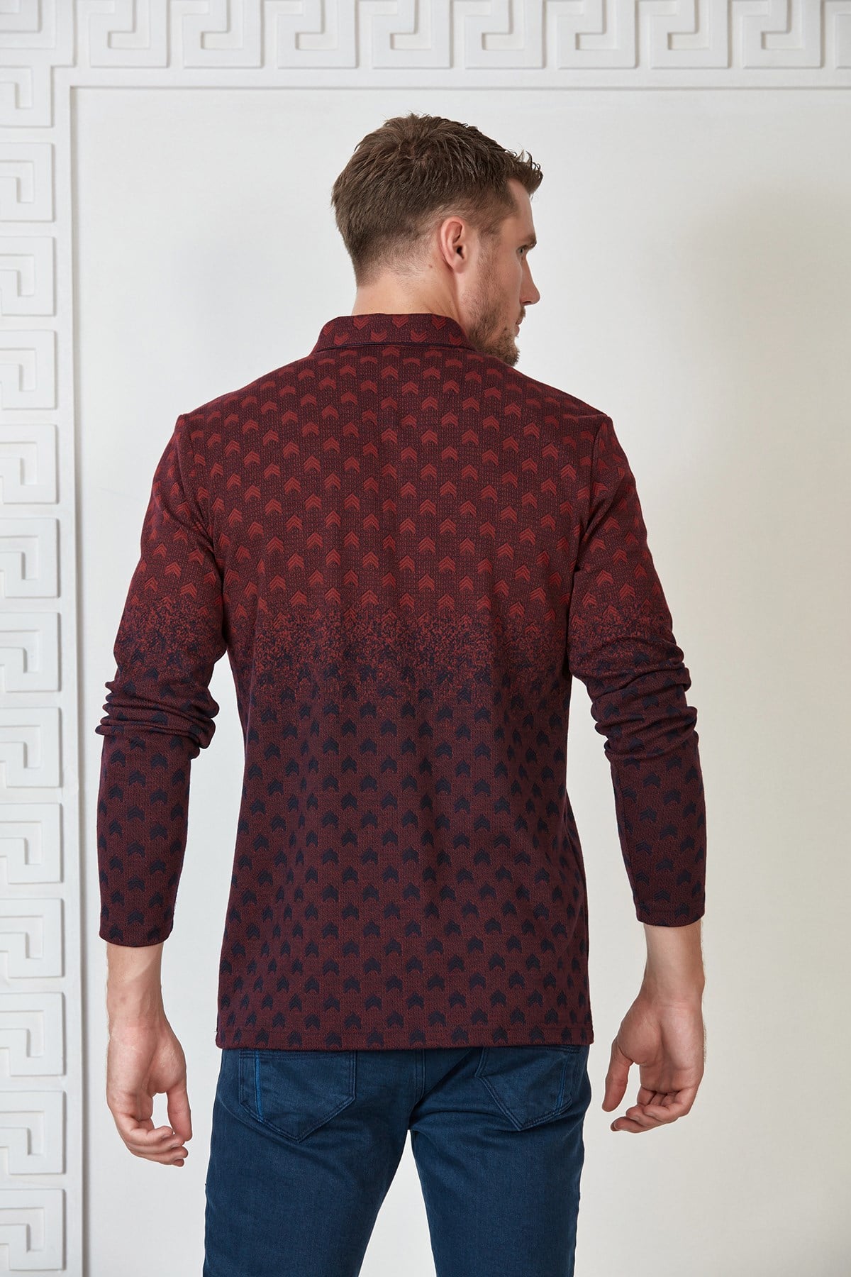 Lacivert-Bordo Renk Geçişli Çavuş Desenli Polo Yaka Sweatshirt