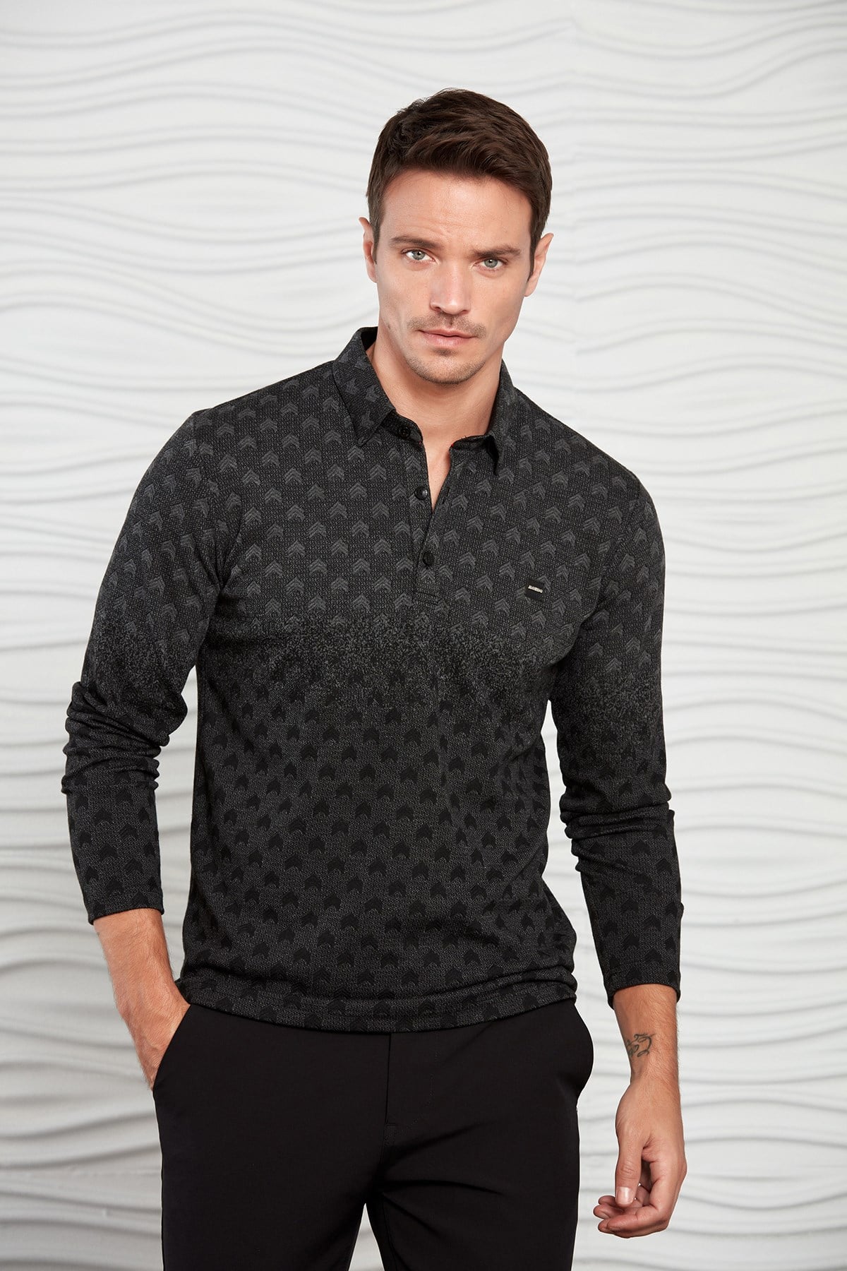 Lacivert-Bordo Renk Geçişli Çavuş Desenli Polo Yaka Sweatshirt