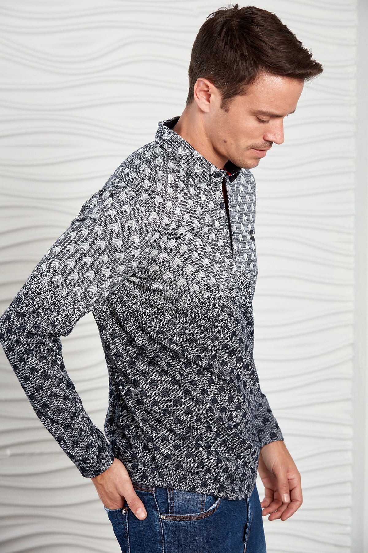 Lacivert-Bordo Renk Geçişli Çavuş Desenli Polo Yaka Sweatshirt