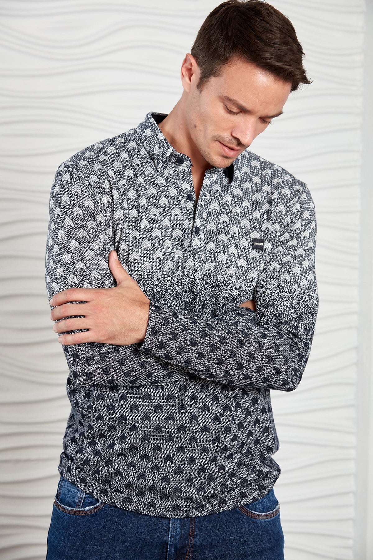 Lacivert-Bordo Renk Geçişli Çavuş Desenli Polo Yaka Sweatshirt