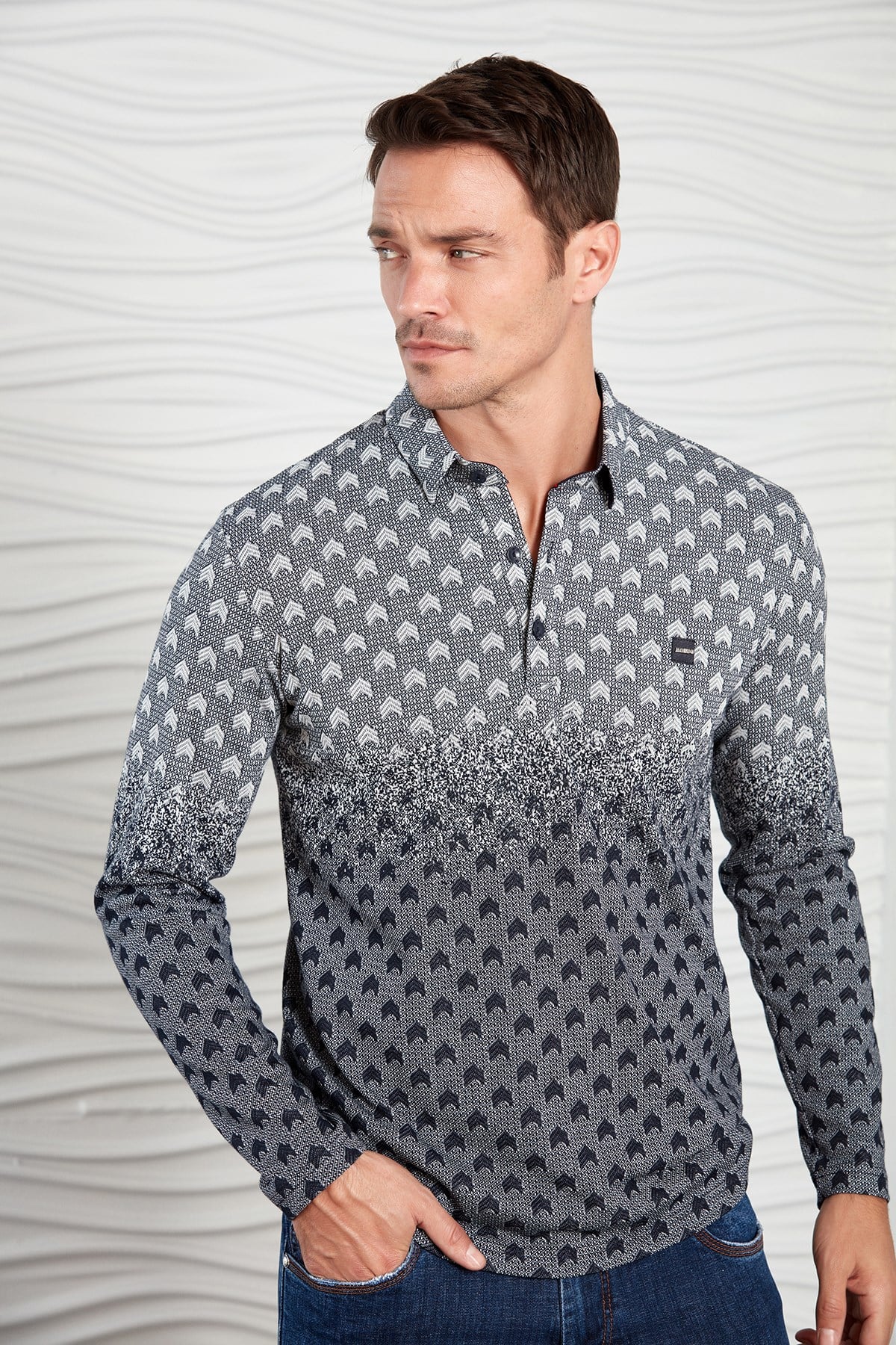 Lacivert-Bordo Renk Geçişli Çavuş Desenli Polo Yaka Sweatshirt