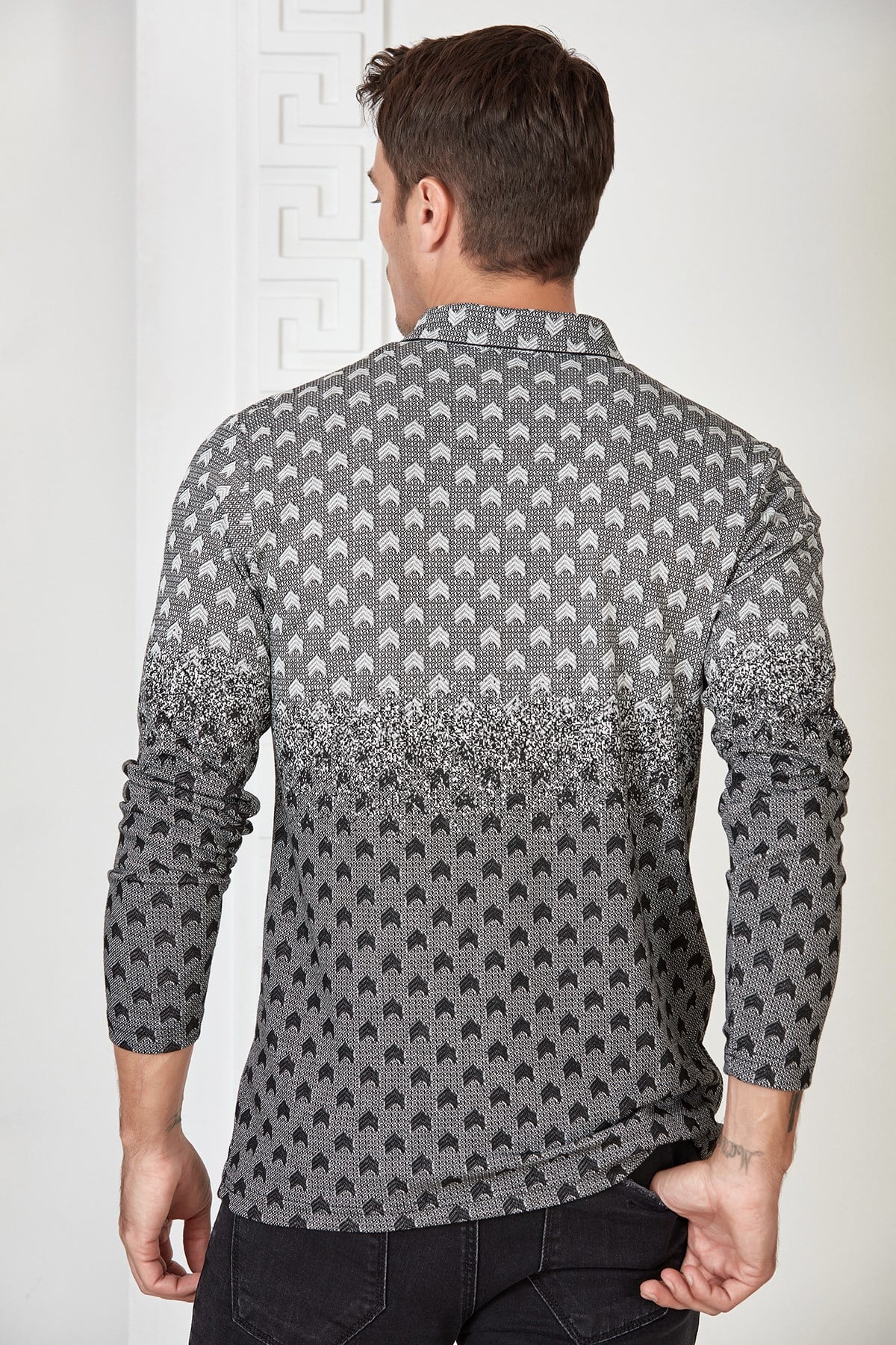 Lacivert-Bordo Renk Geçişli Çavuş Desenli Polo Yaka Sweatshirt
