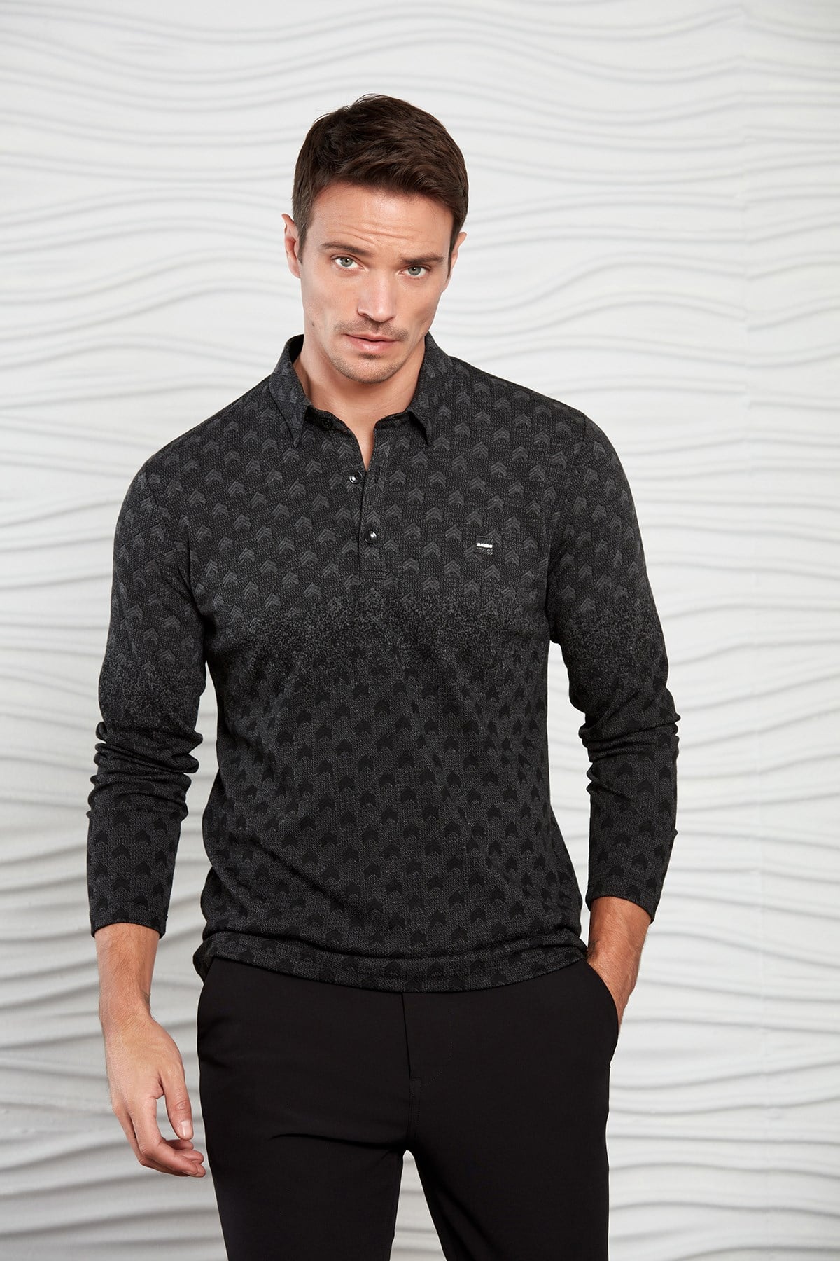 Lacivert-Bordo Renk Geçişli Çavuş Desenli Polo Yaka Sweatshirt