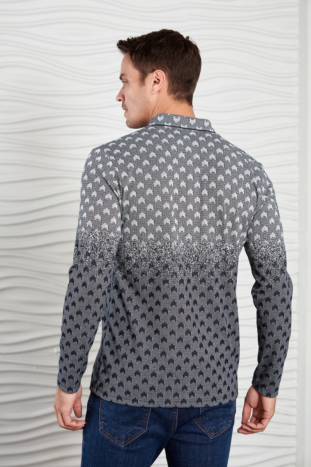 Lacivert-Bordo Renk Geçişli Çavuş Desenli Polo Yaka Sweatshirt