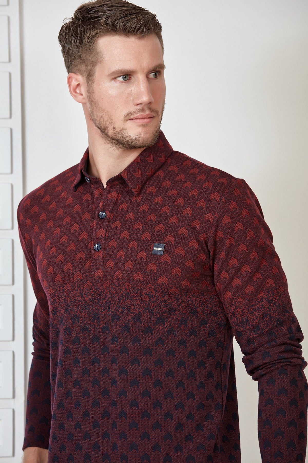 Lacivert-Bordo Renk Geçişli Çavuş Desenli Polo Yaka Sweatshirt