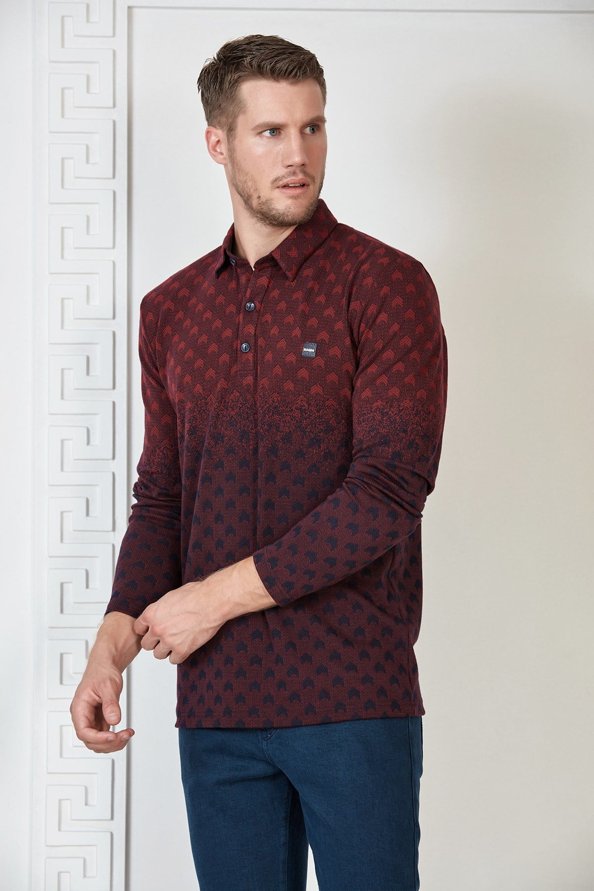 Lacivert-Bordo Renk Geçişli Çavuş Desenli Polo Yaka Sweatshirt