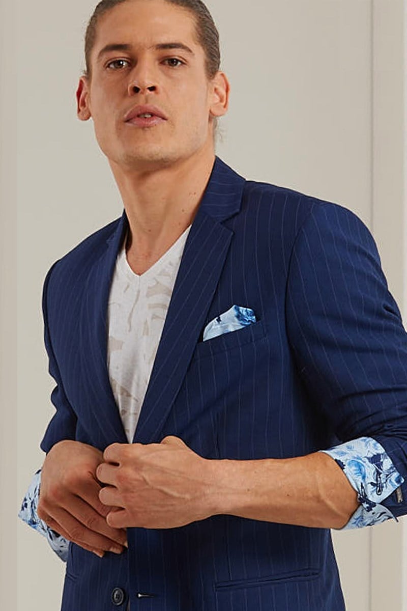 Lacivert Çizgili Manşetleri Detaylı Blazer Ceket