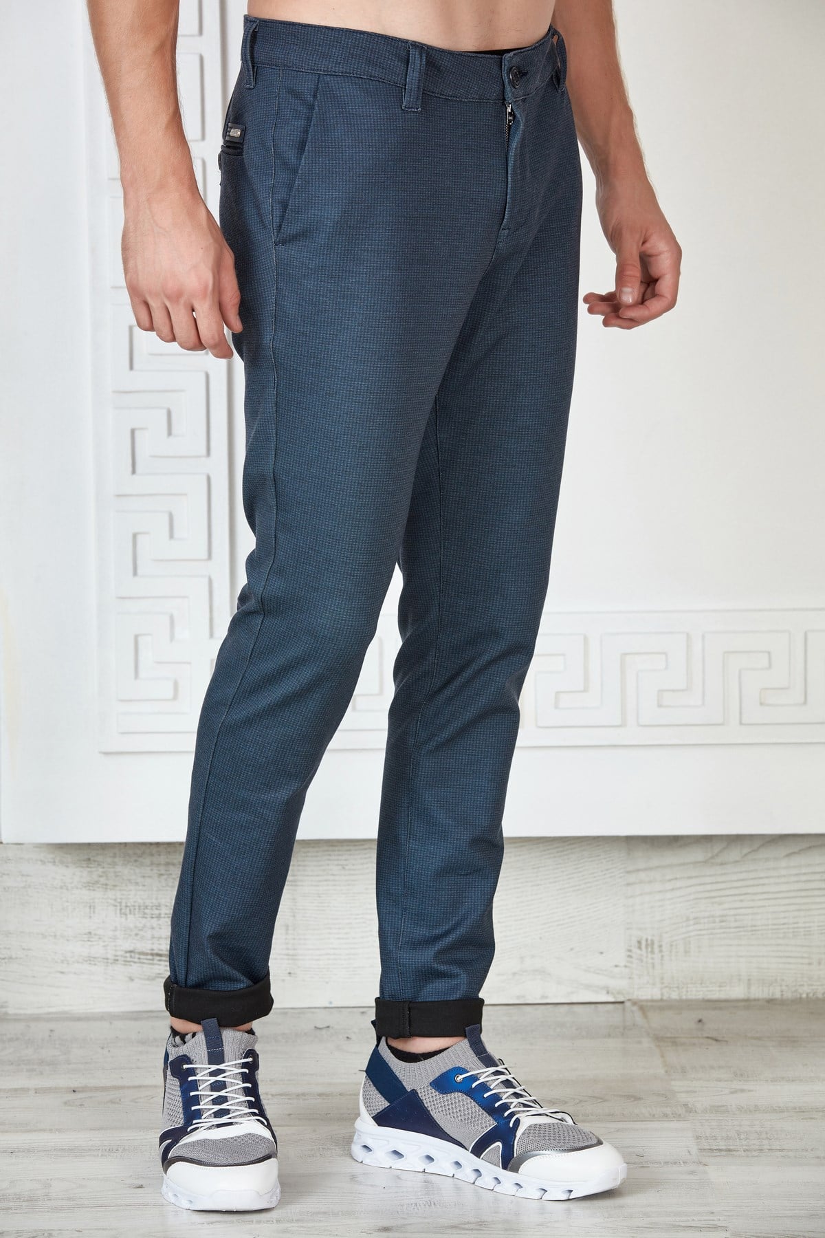 Lacivert Desenli Slim Fit Pantolon