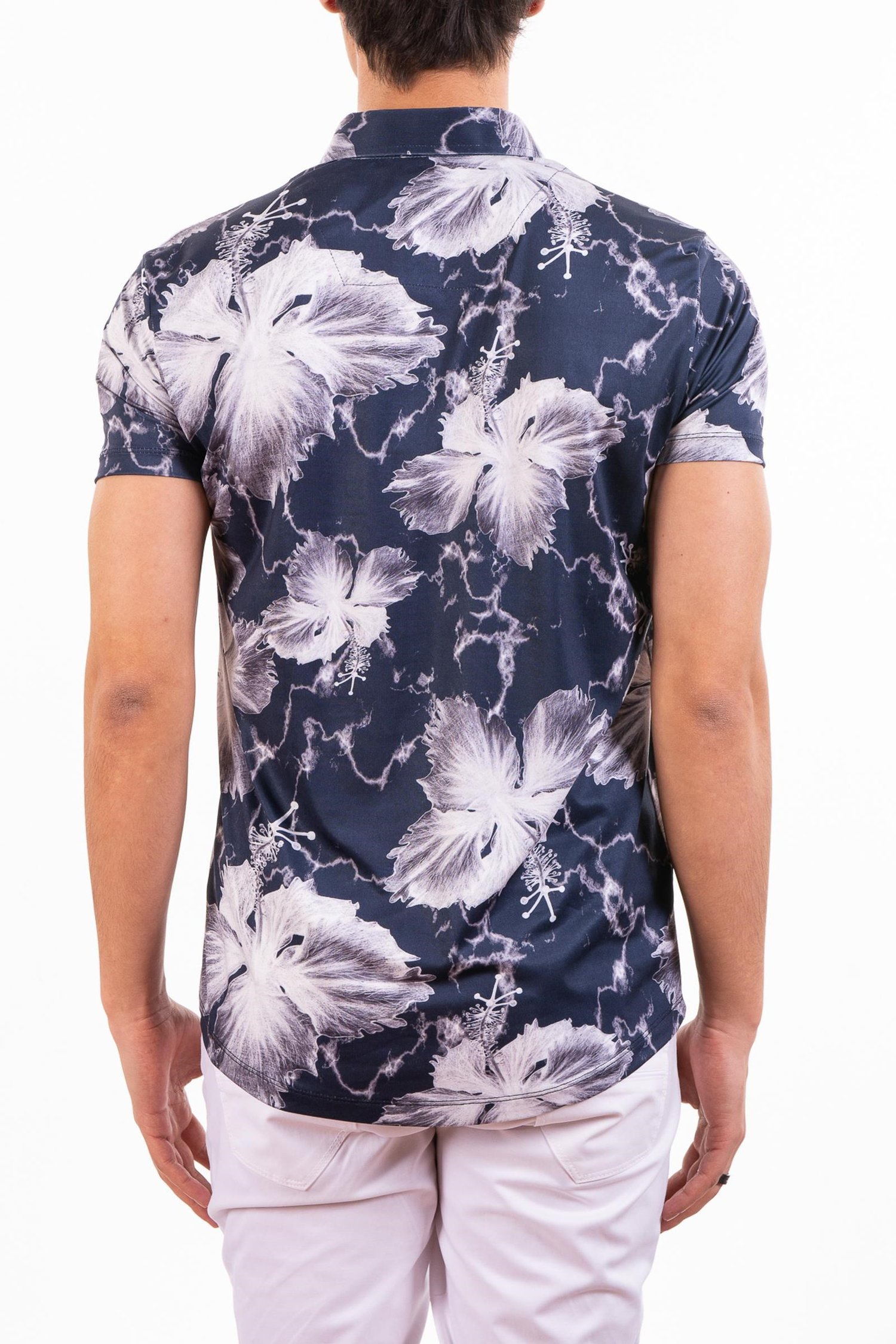 Lacivert Gri Çiçek Desenli Polo Yaka T-Shirt