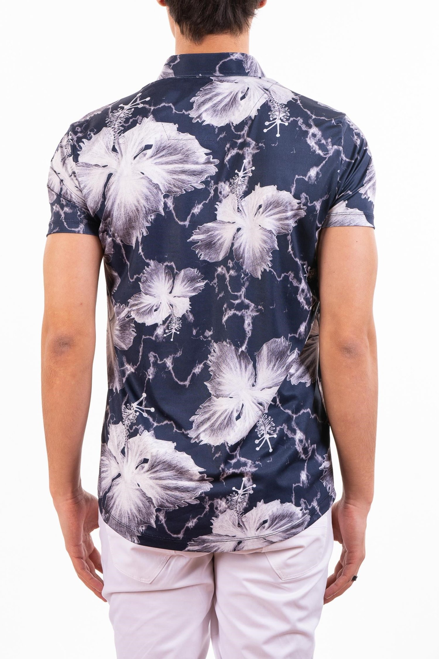 Lacivert Gri Çiçek Desenli Polo Yaka T-Shirt