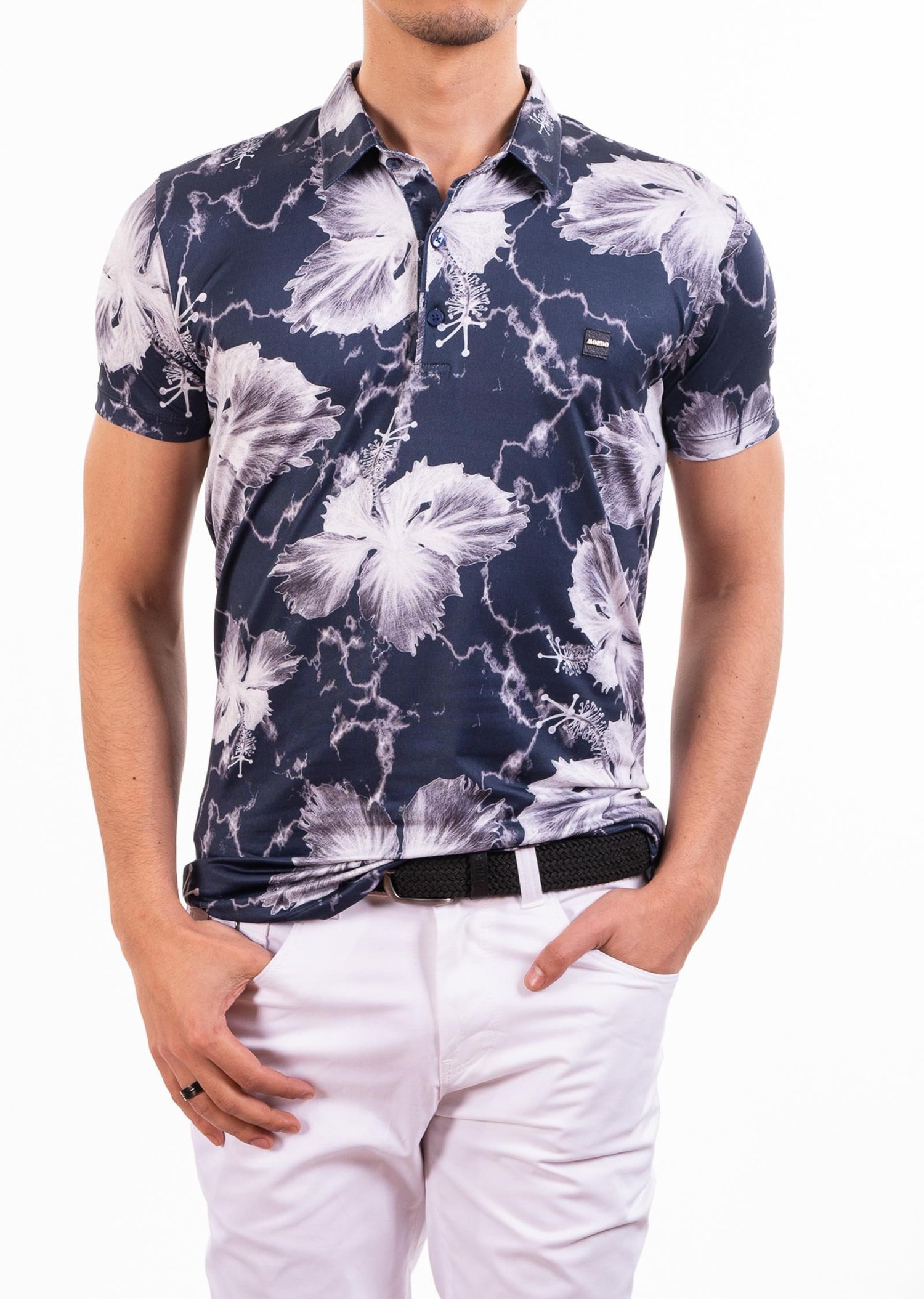 Lacivert Gri Çiçek Desenli Polo Yaka T-Shirt